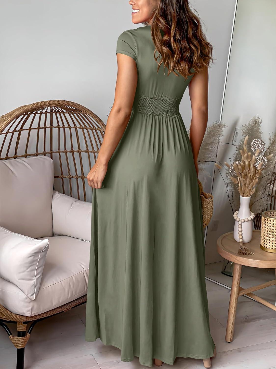 imageANRABESS Women Summer Deep V Neck Short Sleeve Dresses Slit Elegant Wedding Guest Formal Cocktail Evening Maxi Long DressArmy Green