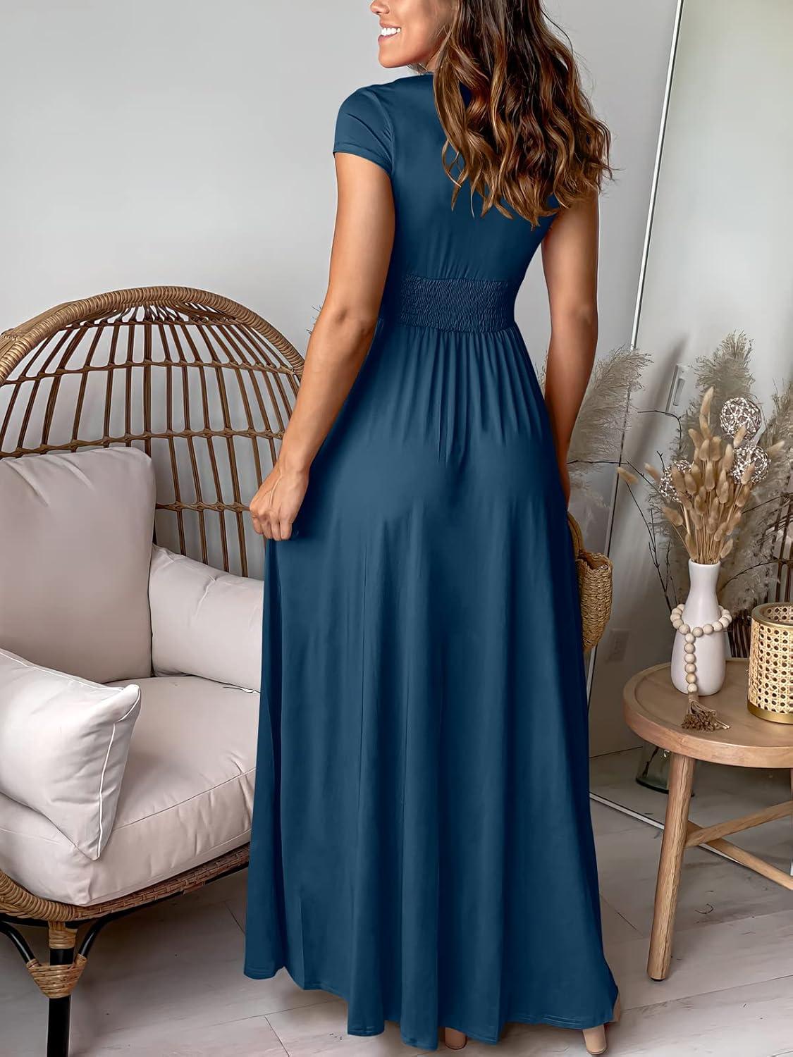 imageANRABESS Women Summer Deep V Neck Short Sleeve Dresses Slit Elegant Wedding Guest Formal Cocktail Evening Maxi Long DressDeep Blue