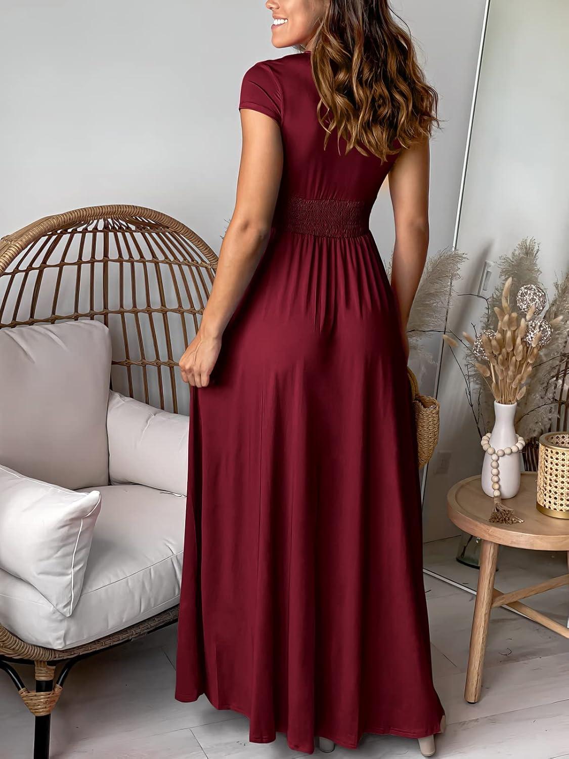 imageANRABESS Women Summer Deep V Neck Short Sleeve Dresses Slit Elegant Wedding Guest Formal Cocktail Evening Maxi Long DressWine Red