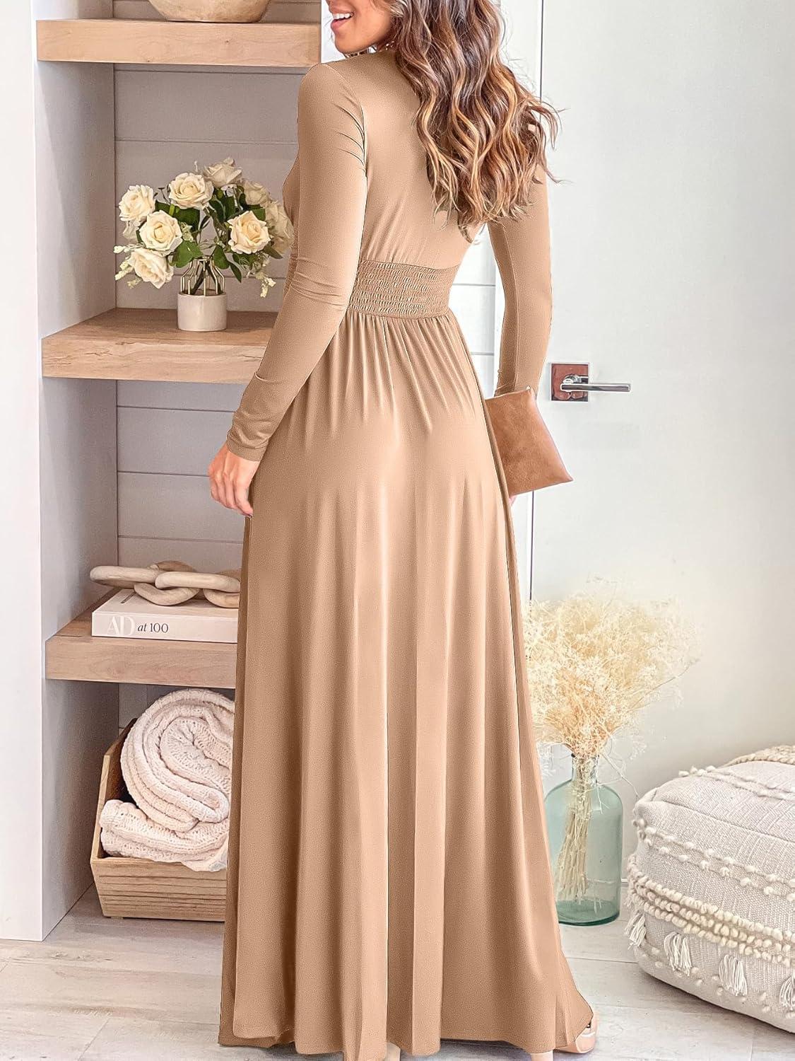 imageANRABESS Women Summer Deep V Neck Short Sleeve Dresses Slit Elegant Wedding Guest Formal Cocktail Evening Maxi Long DressZbeige Apricot