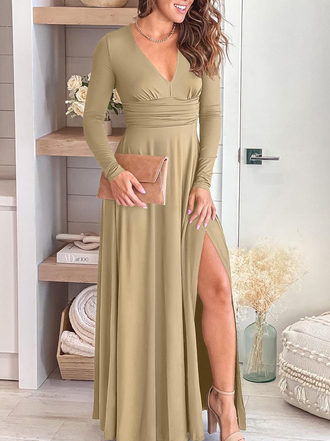 imageANRABESS Women Summer Deep V Neck Short Sleeve Dresses Slit Elegant Wedding Guest Formal Cocktail Evening Maxi Long DressZbeige Apricot