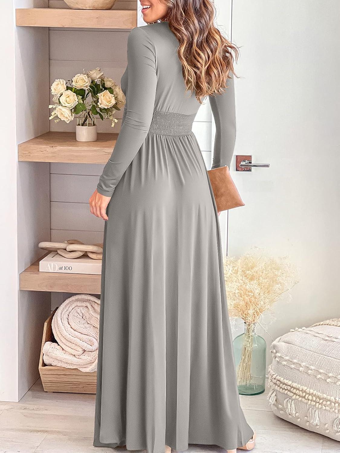 imageANRABESS Women Summer Deep V Neck Short Sleeve Dresses Slit Elegant Wedding Guest Formal Cocktail Evening Maxi Long DressZgray