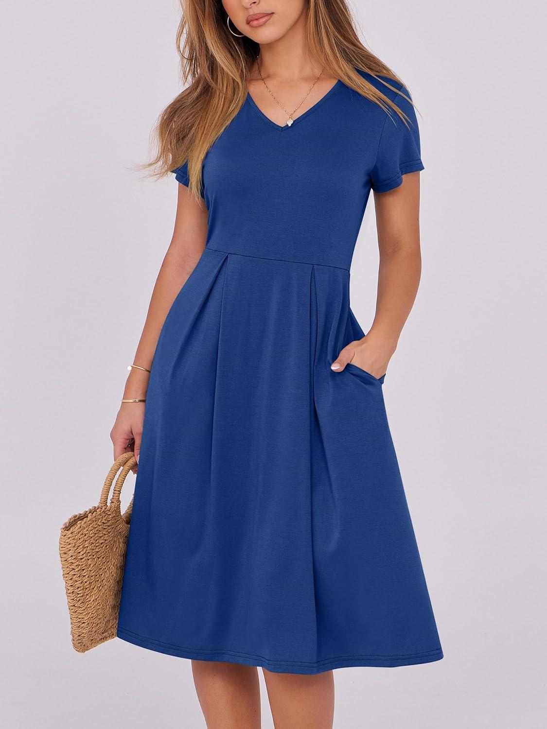 imageANRABESS Women Summer Dress Casual Short Sleeve V Neck ALine Knee Length Pleated Flowy 2025 Fashion Midi Dresses with PocketDark Blue
