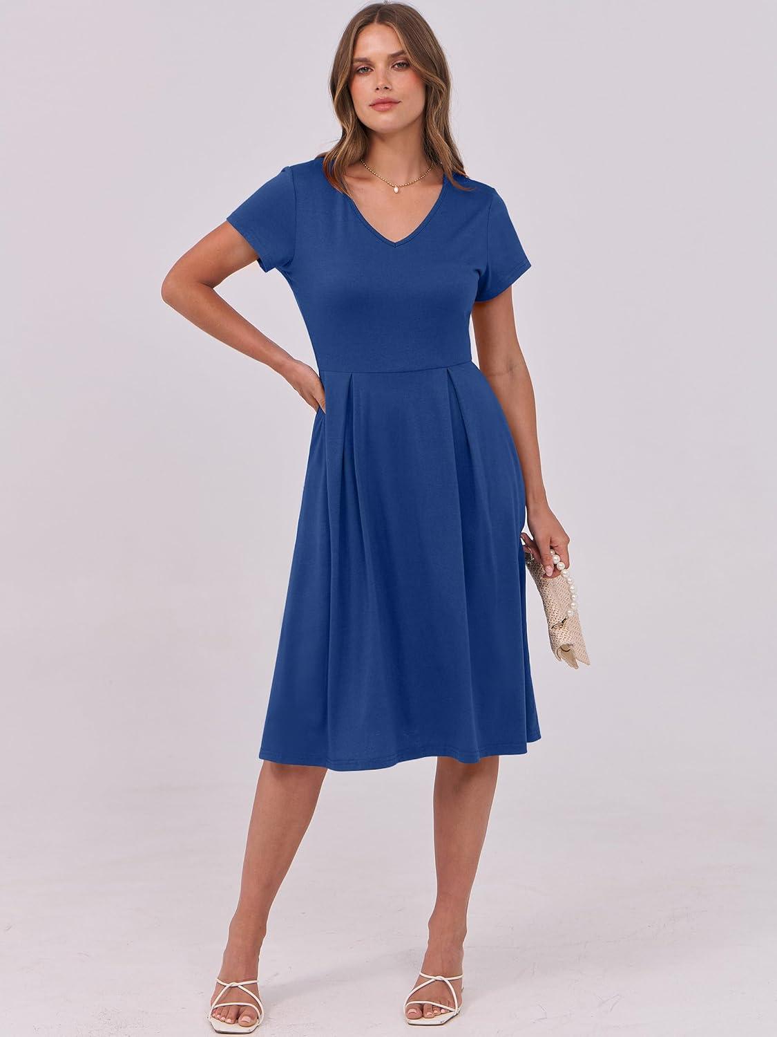imageANRABESS Women Summer Dress Casual Short Sleeve V Neck ALine Knee Length Pleated Flowy 2025 Fashion Midi Dresses with PocketDark Blue