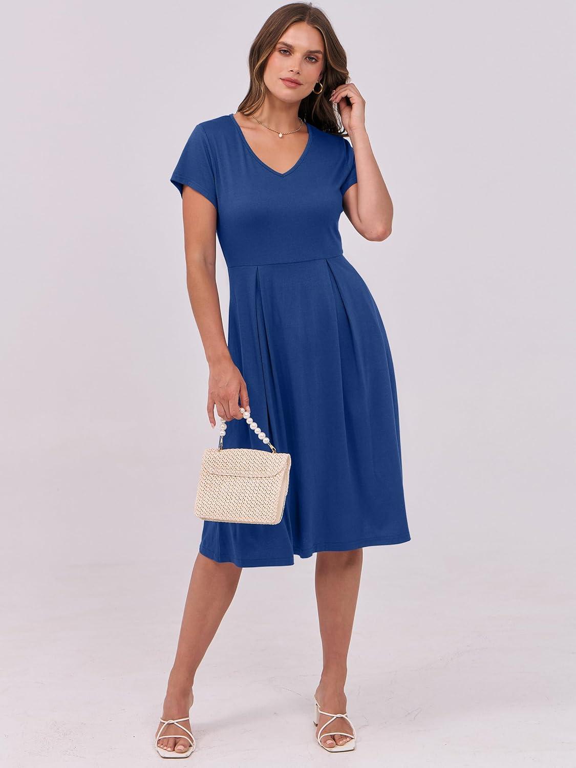 imageANRABESS Women Summer Dress Casual Short Sleeve V Neck ALine Knee Length Pleated Flowy 2025 Fashion Midi Dresses with PocketDark Blue