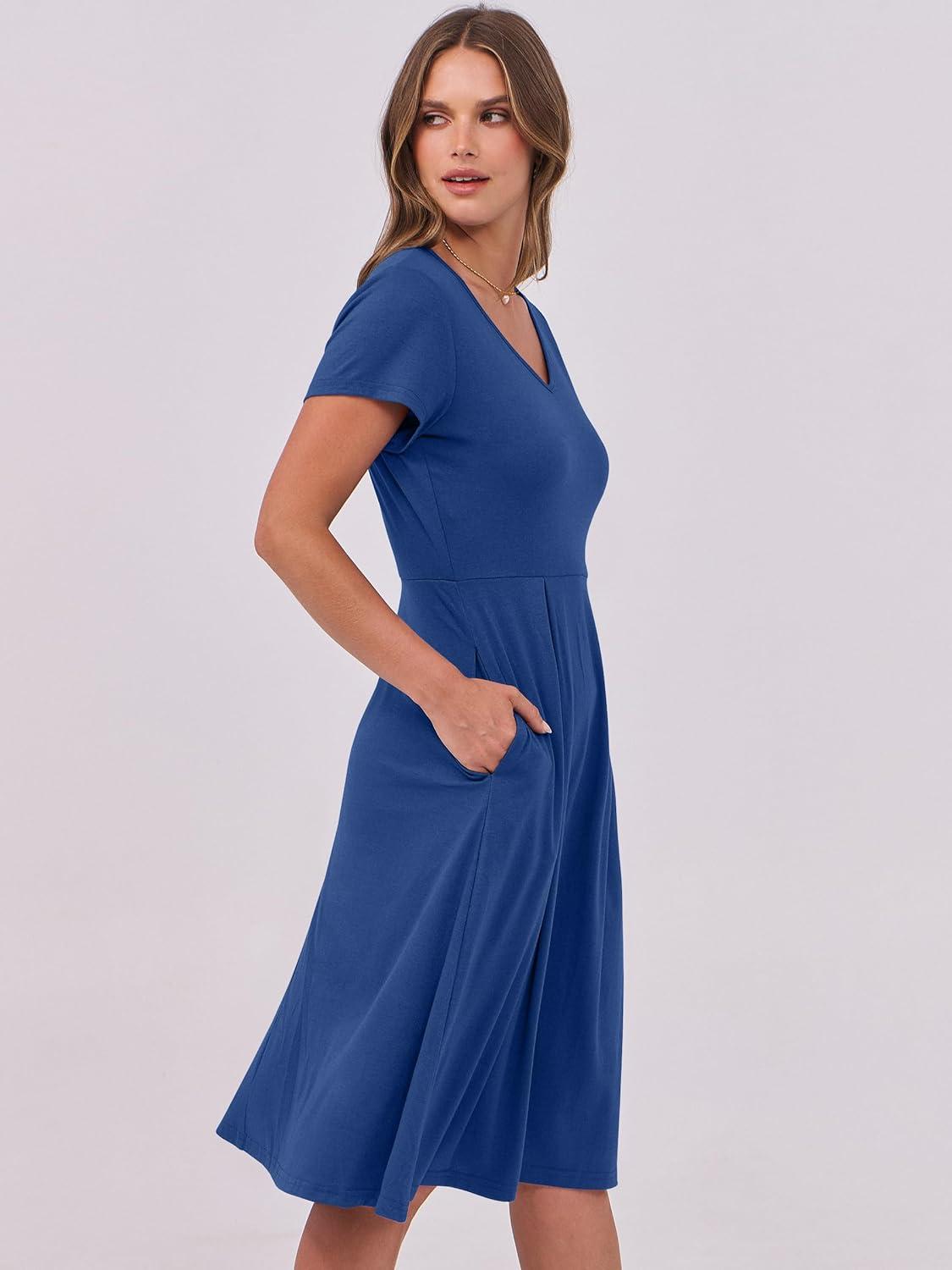 imageANRABESS Women Summer Dress Casual Short Sleeve V Neck ALine Knee Length Pleated Flowy 2025 Fashion Midi Dresses with PocketDark Blue