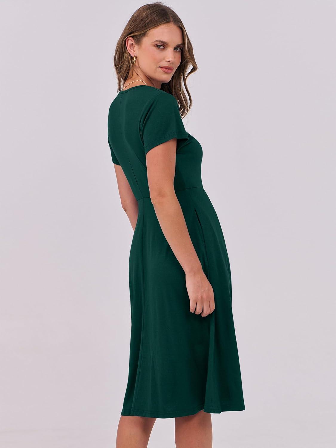 imageANRABESS Women Summer Dress Casual Short Sleeve V Neck ALine Knee Length Pleated Flowy 2025 Fashion Midi Dresses with PocketDark Green