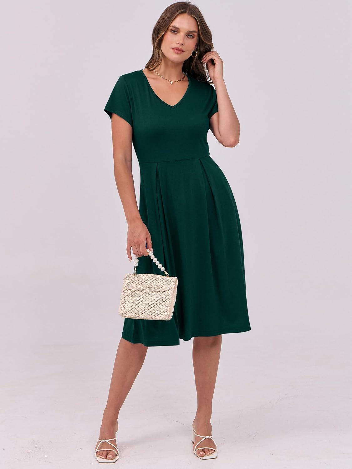 imageANRABESS Women Summer Dress Casual Short Sleeve V Neck ALine Knee Length Pleated Flowy 2025 Fashion Midi Dresses with PocketDark Green