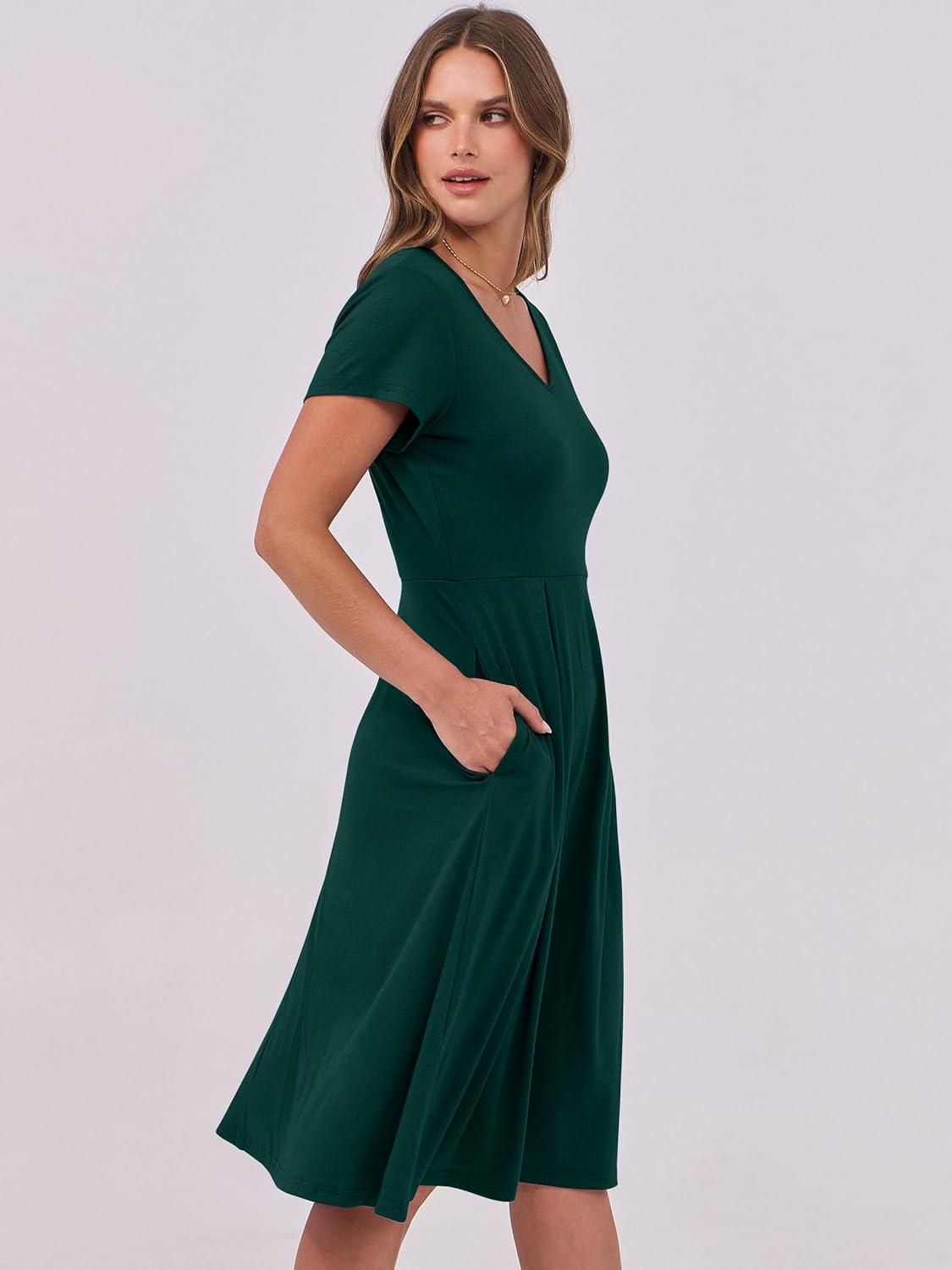 imageANRABESS Women Summer Dress Casual Short Sleeve V Neck ALine Knee Length Pleated Flowy 2025 Fashion Midi Dresses with PocketDark Green