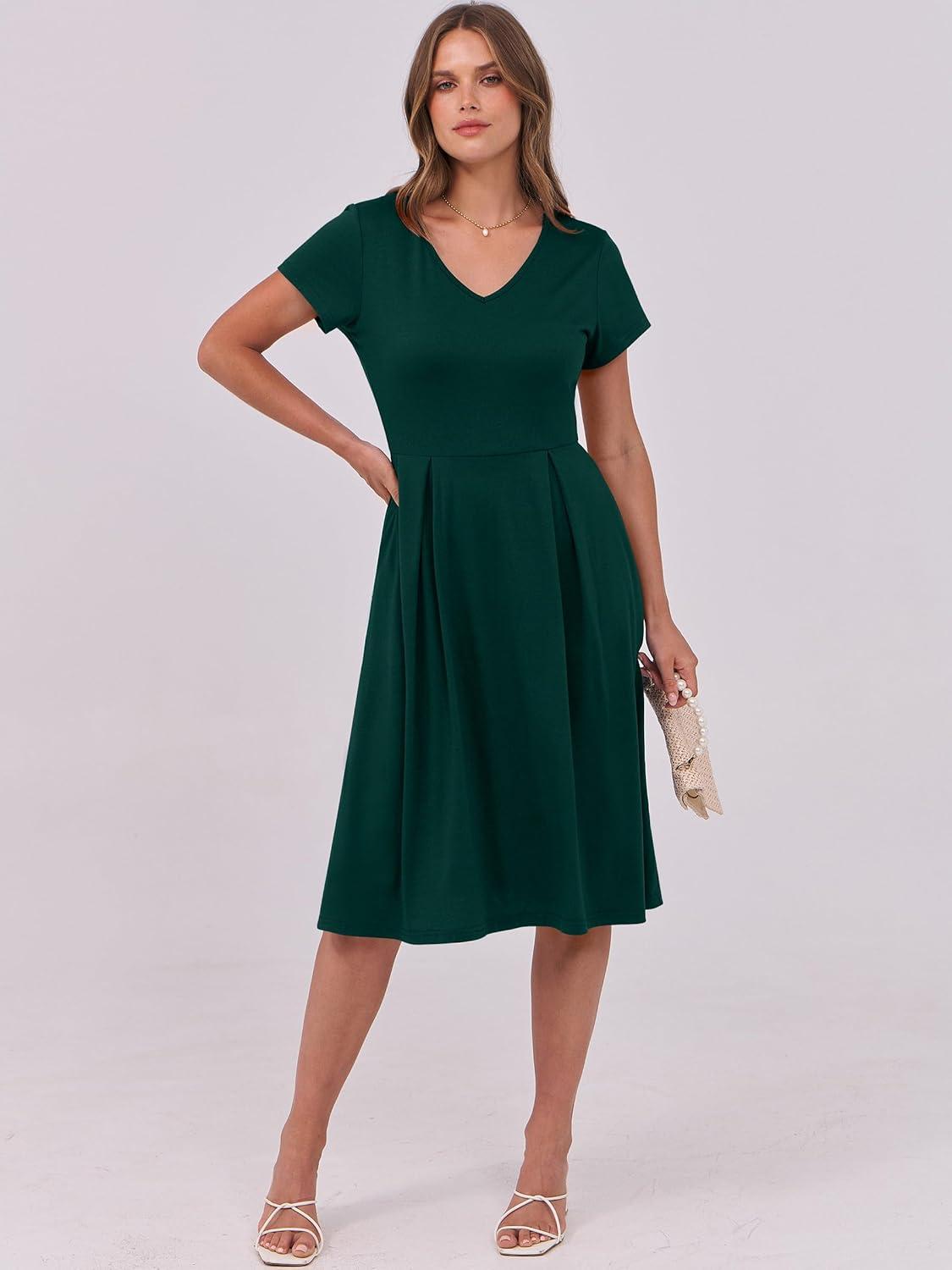 imageANRABESS Women Summer Dress Casual Short Sleeve V Neck ALine Knee Length Pleated Flowy 2025 Fashion Midi Dresses with PocketDark Green