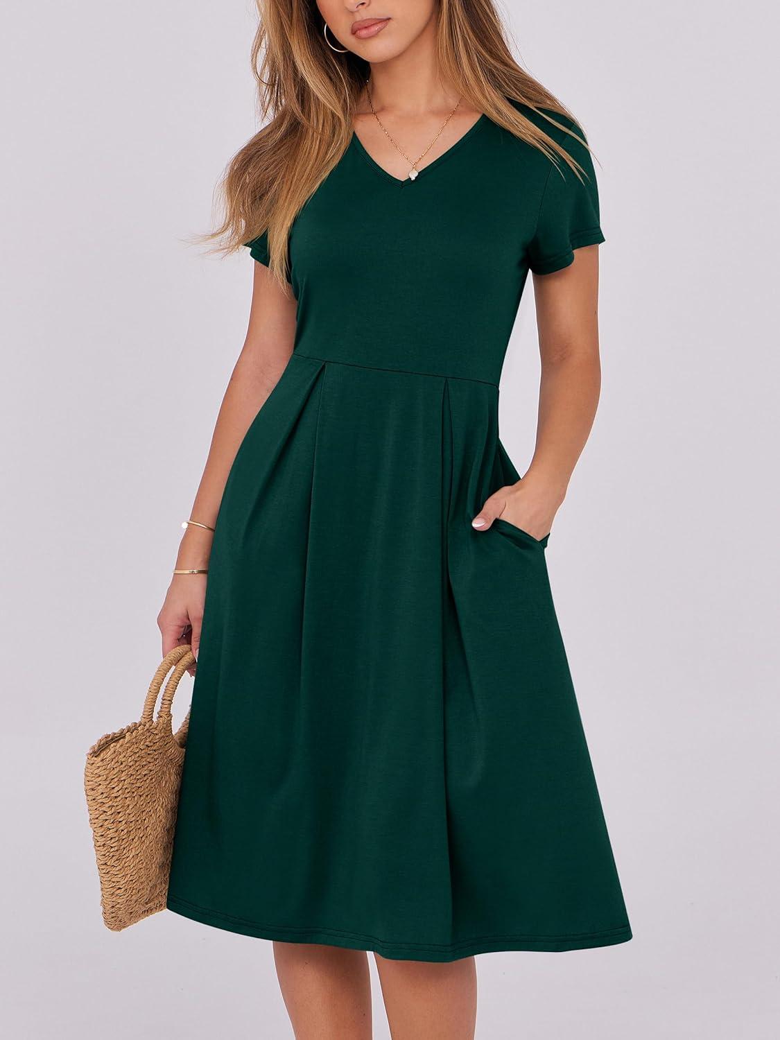 imageANRABESS Women Summer Dress Casual Short Sleeve V Neck ALine Knee Length Pleated Flowy 2025 Fashion Midi Dresses with PocketDark Green