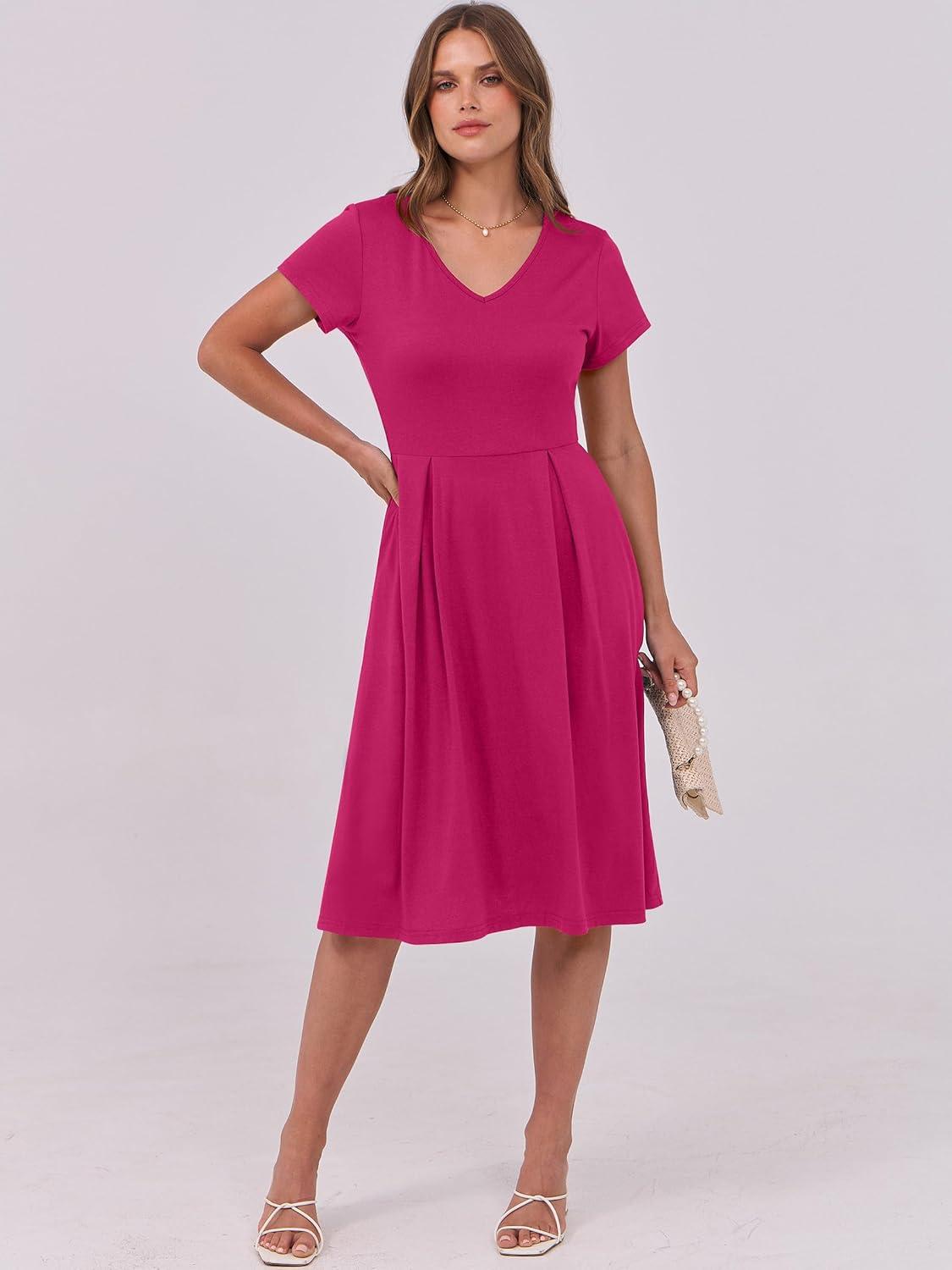 imageANRABESS Women Summer Dress Casual Short Sleeve V Neck ALine Knee Length Pleated Flowy 2025 Fashion Midi Dresses with PocketHot Pink