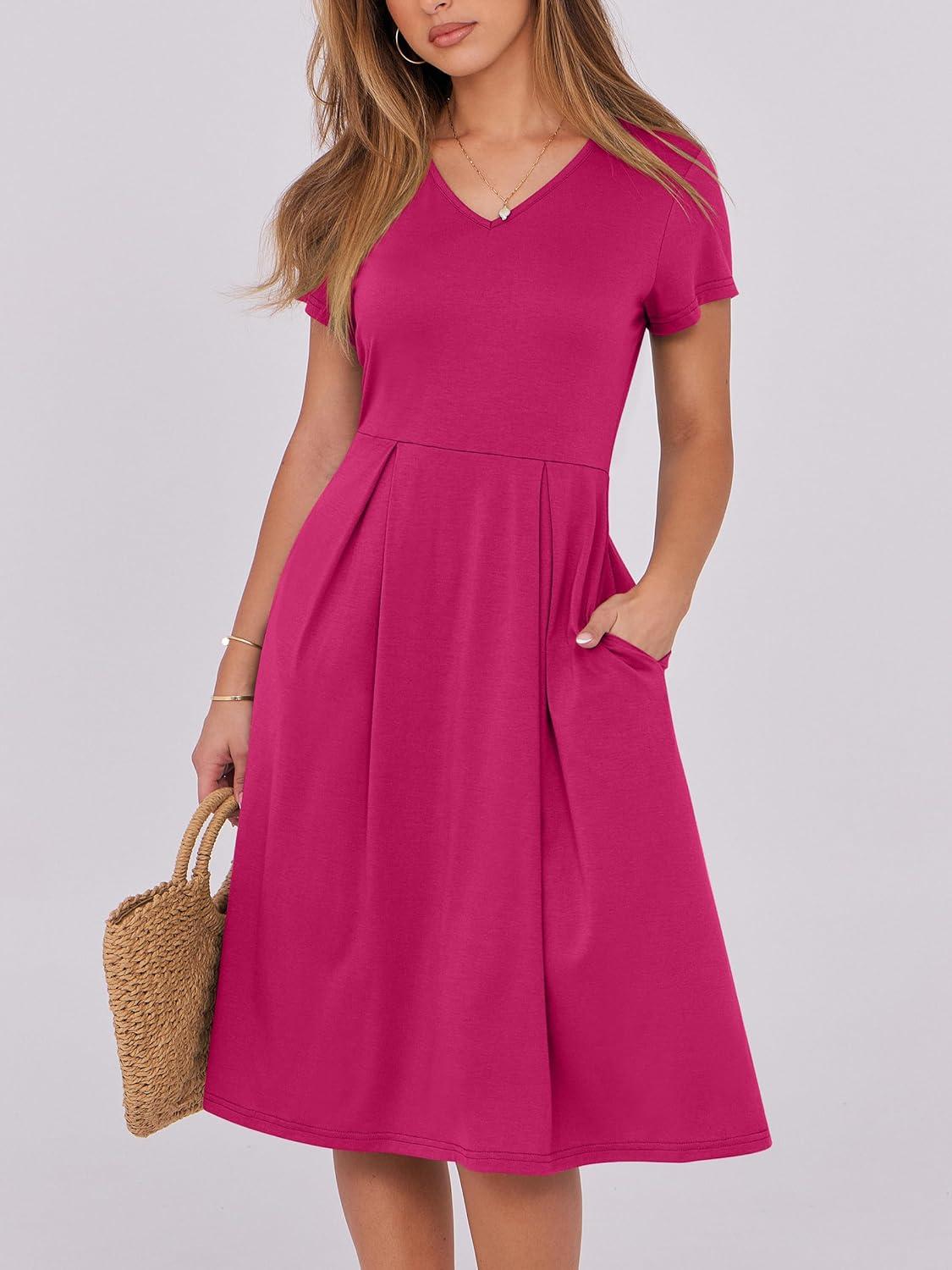 imageANRABESS Women Summer Dress Casual Short Sleeve V Neck ALine Knee Length Pleated Flowy 2025 Fashion Midi Dresses with PocketHot Pink
