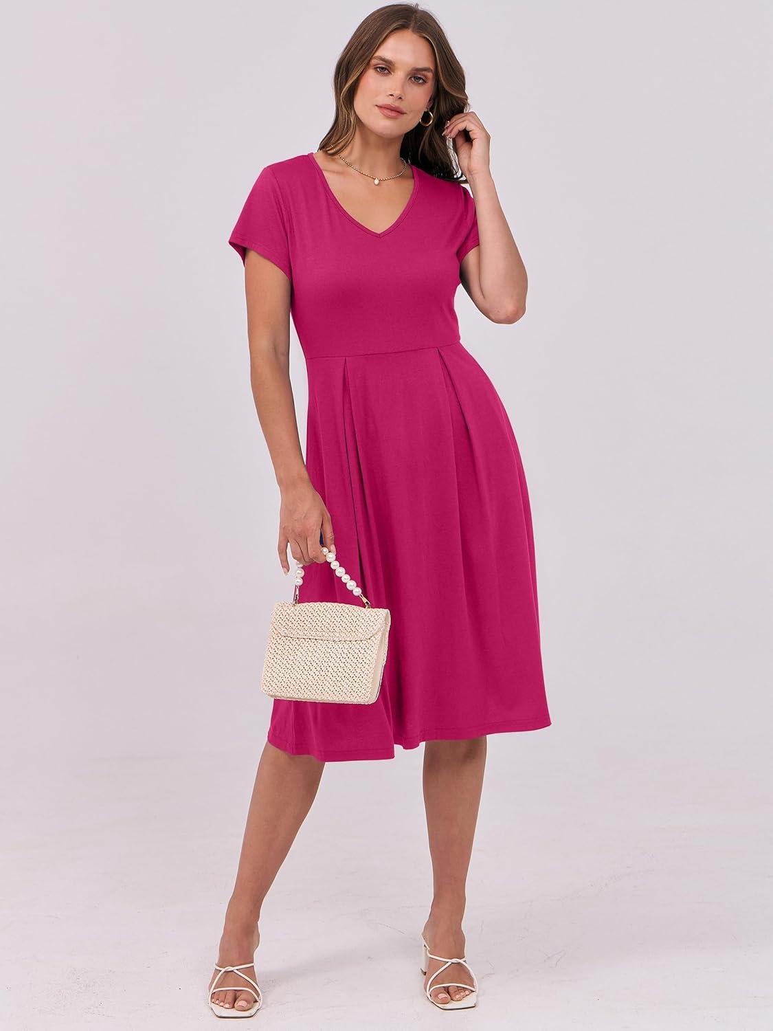imageANRABESS Women Summer Dress Casual Short Sleeve V Neck ALine Knee Length Pleated Flowy 2025 Fashion Midi Dresses with PocketHot Pink