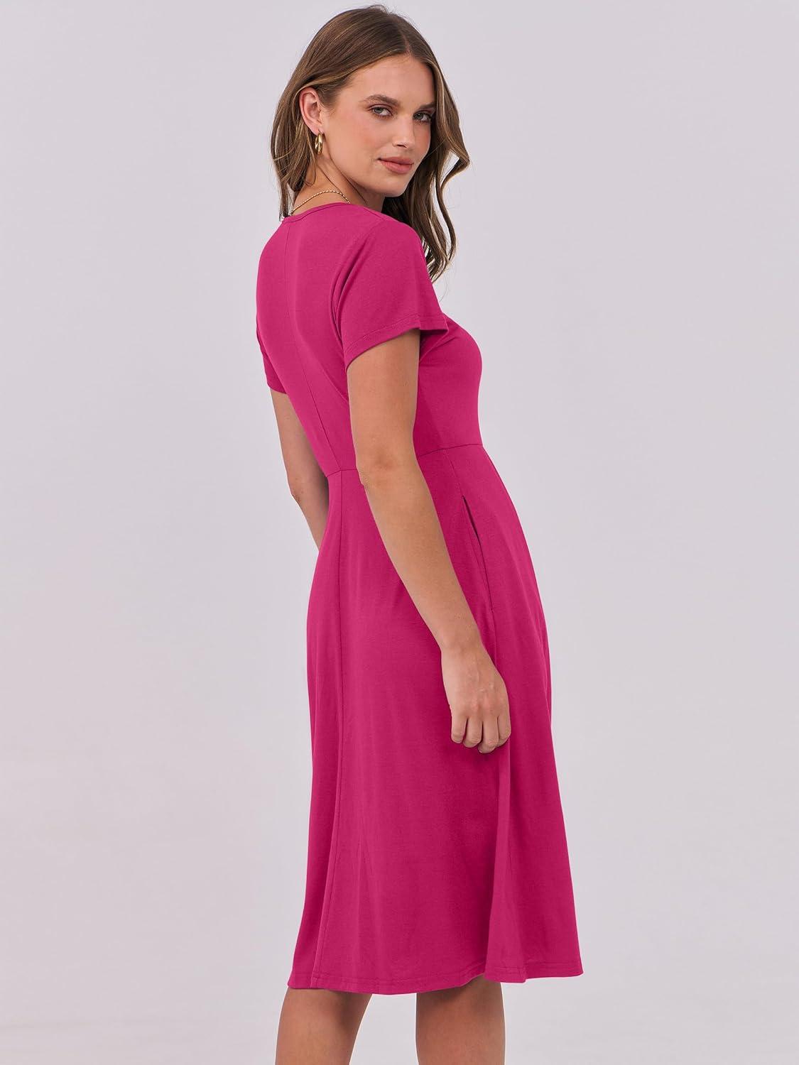 imageANRABESS Women Summer Dress Casual Short Sleeve V Neck ALine Knee Length Pleated Flowy 2025 Fashion Midi Dresses with PocketHot Pink