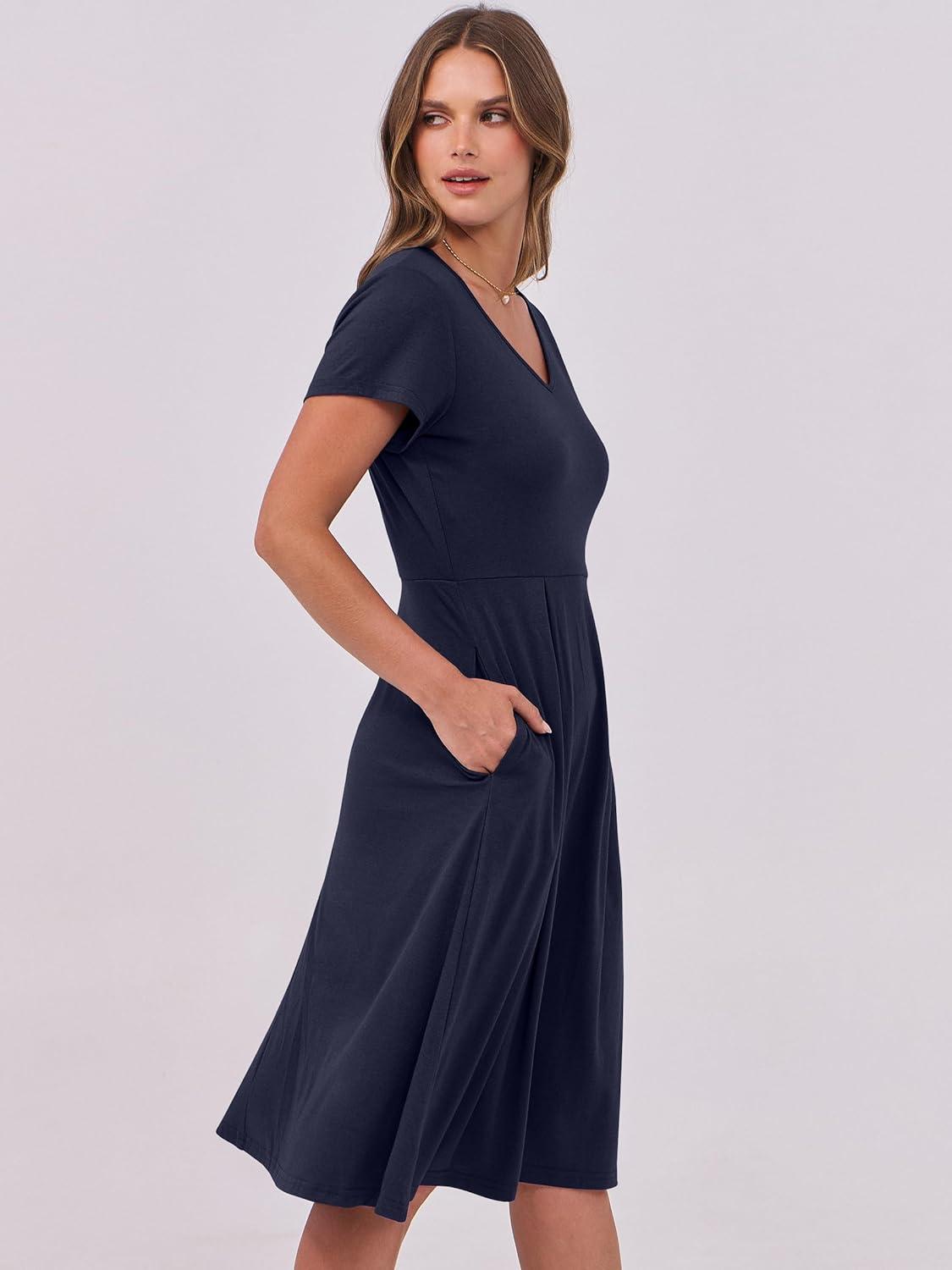 imageANRABESS Women Summer Dress Casual Short Sleeve V Neck ALine Knee Length Pleated Flowy 2025 Fashion Midi Dresses with PocketNavy Blue