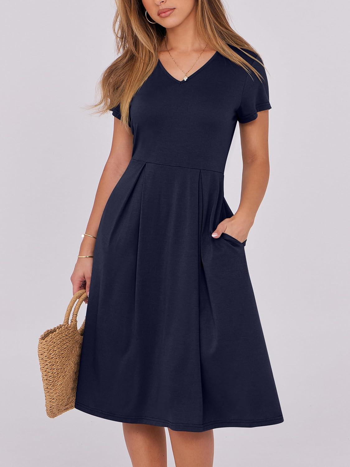 imageANRABESS Women Summer Dress Casual Short Sleeve V Neck ALine Knee Length Pleated Flowy 2025 Fashion Midi Dresses with PocketNavy Blue