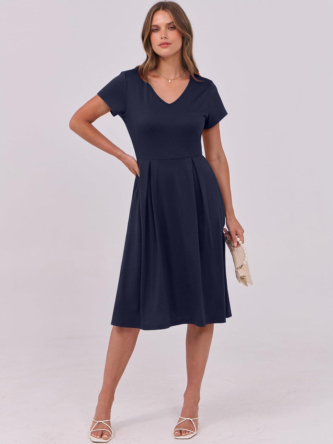 imageANRABESS Women Summer Dress Casual Short Sleeve V Neck ALine Knee Length Pleated Flowy 2025 Fashion Midi Dresses with PocketNavy Blue