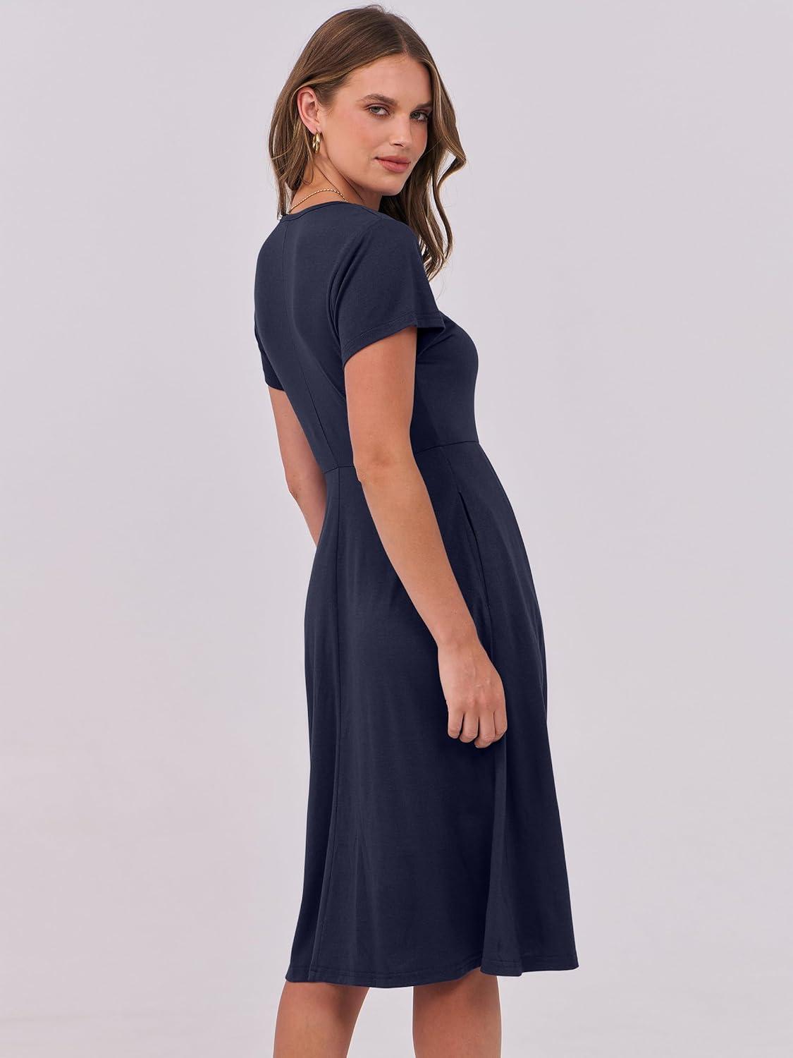 imageANRABESS Women Summer Dress Casual Short Sleeve V Neck ALine Knee Length Pleated Flowy 2025 Fashion Midi Dresses with PocketNavy Blue