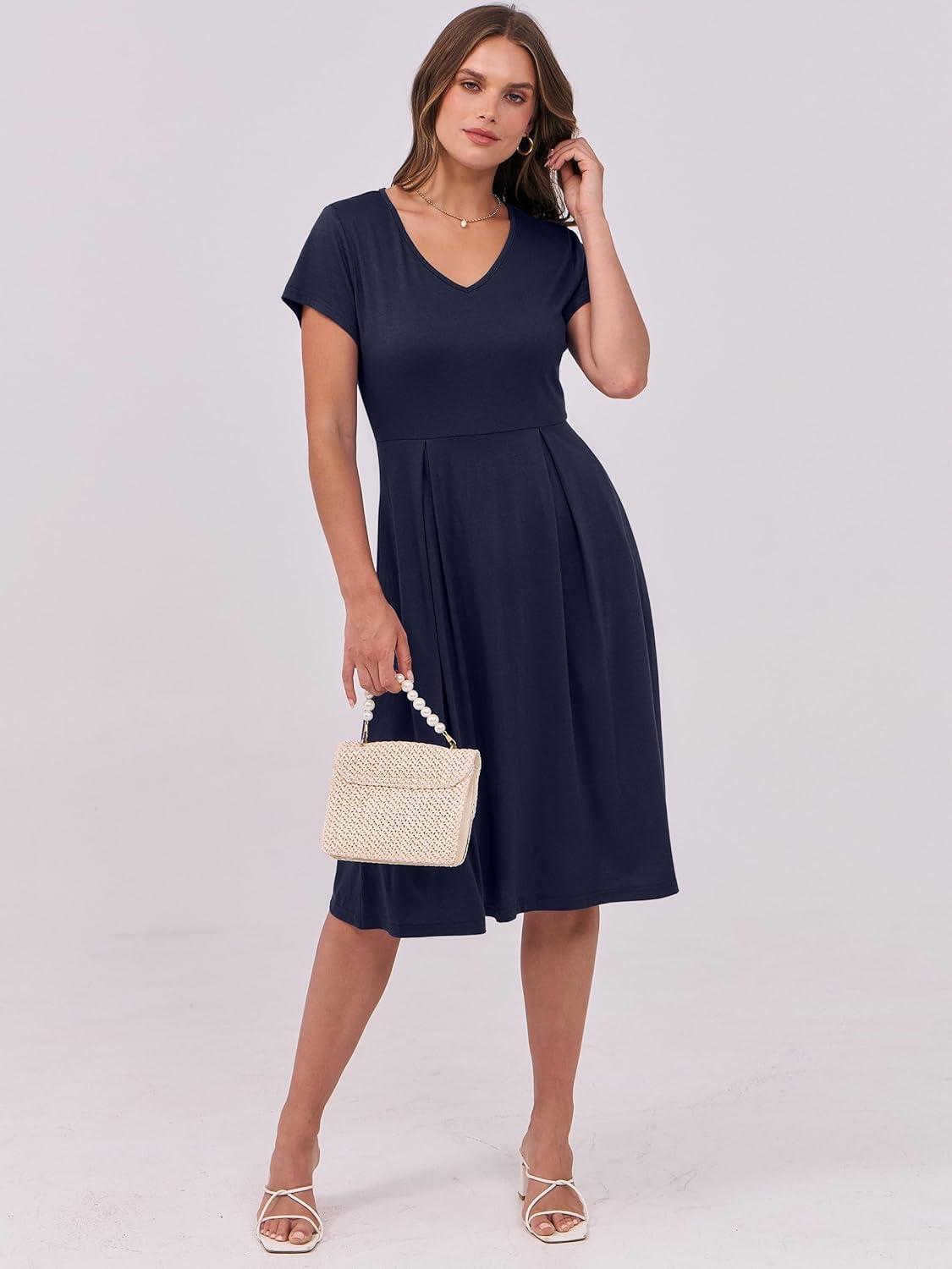 imageANRABESS Women Summer Dress Casual Short Sleeve V Neck ALine Knee Length Pleated Flowy 2025 Fashion Midi Dresses with PocketNavy Blue