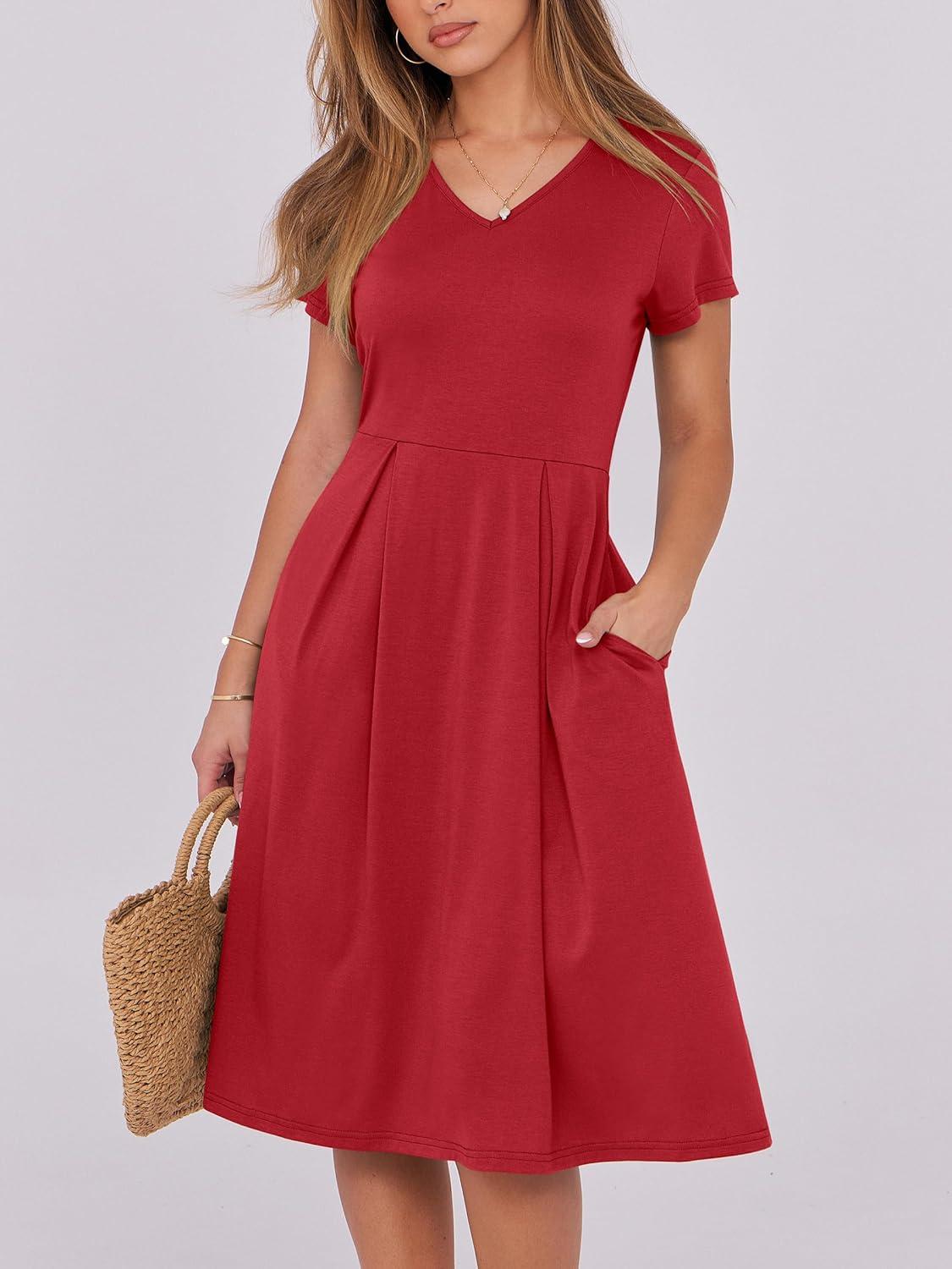 imageANRABESS Women Summer Dress Casual Short Sleeve V Neck ALine Knee Length Pleated Flowy 2025 Fashion Midi Dresses with PocketRed