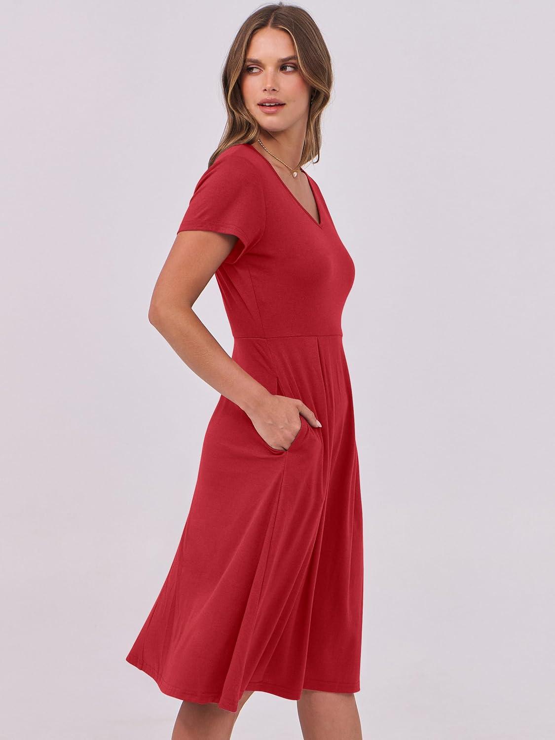 imageANRABESS Women Summer Dress Casual Short Sleeve V Neck ALine Knee Length Pleated Flowy 2025 Fashion Midi Dresses with PocketRed