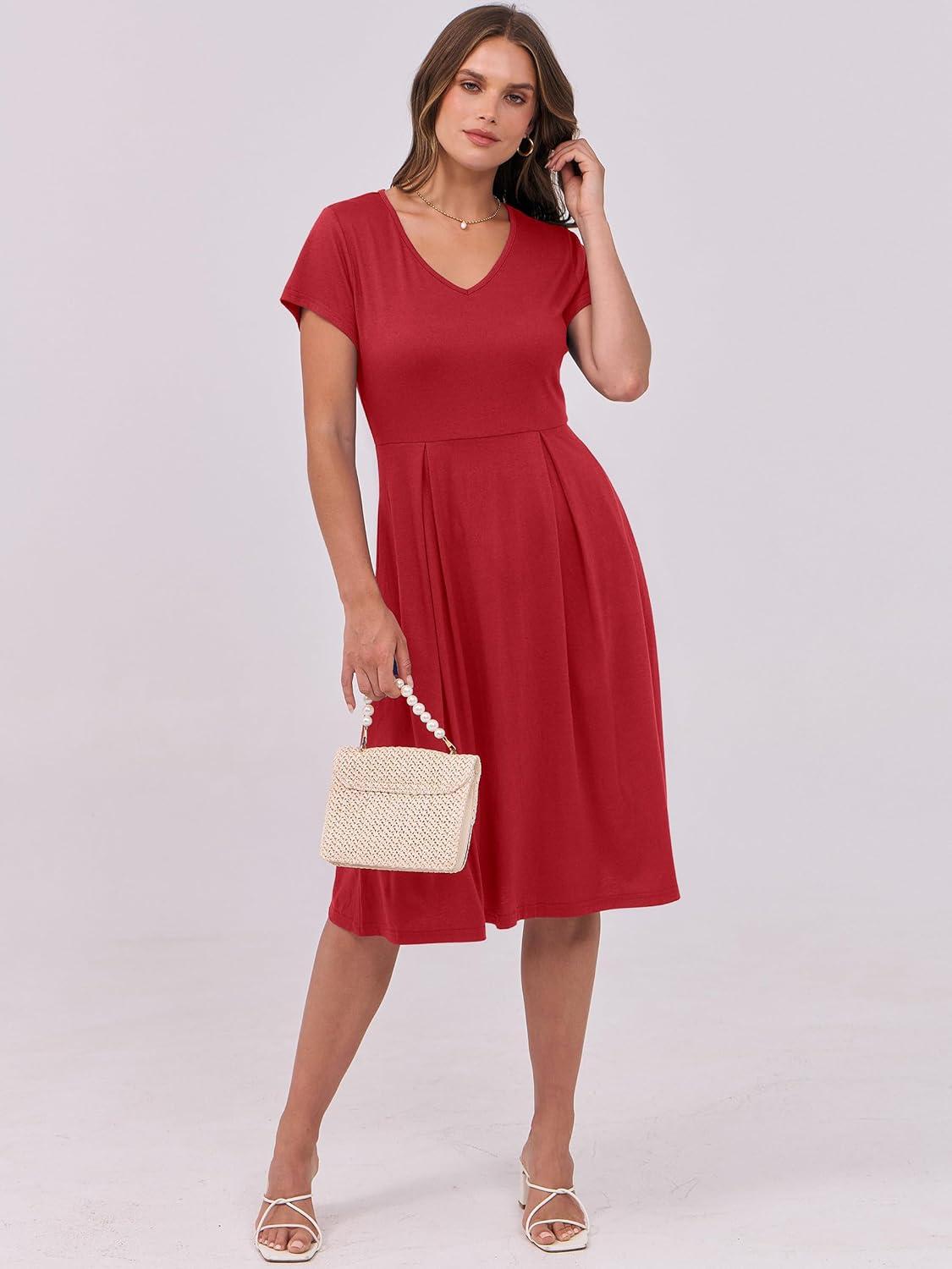 imageANRABESS Women Summer Dress Casual Short Sleeve V Neck ALine Knee Length Pleated Flowy 2025 Fashion Midi Dresses with PocketRed