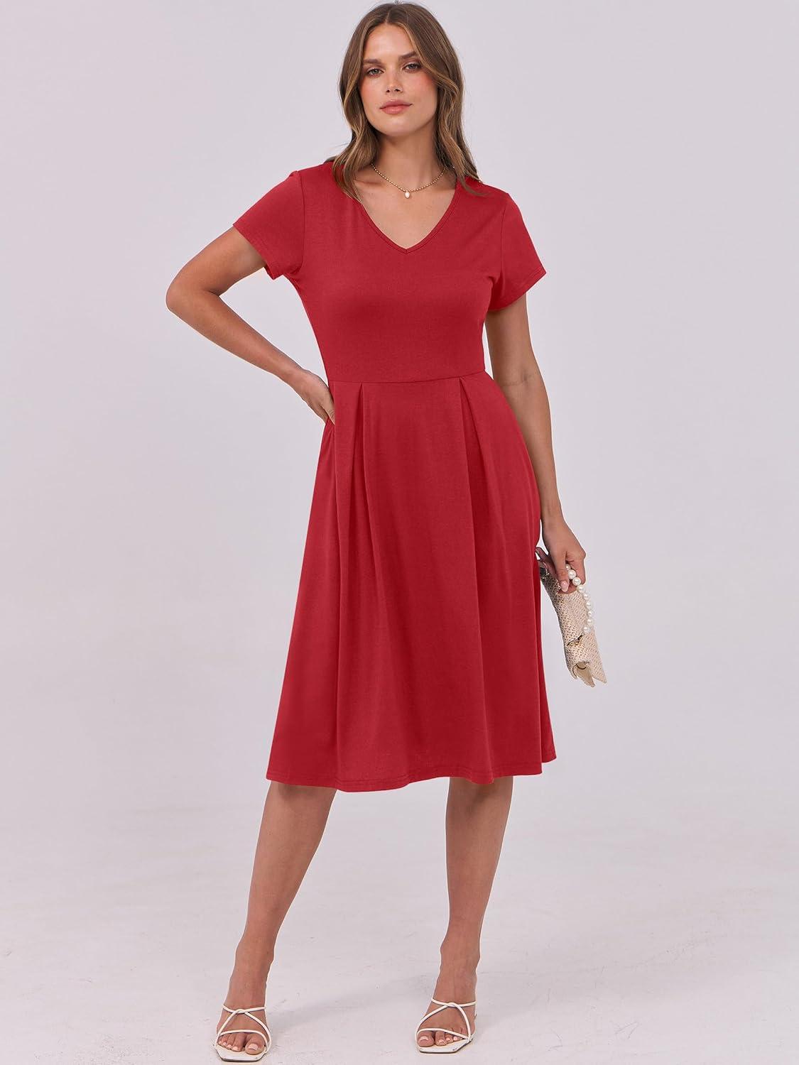 imageANRABESS Women Summer Dress Casual Short Sleeve V Neck ALine Knee Length Pleated Flowy 2025 Fashion Midi Dresses with PocketRed