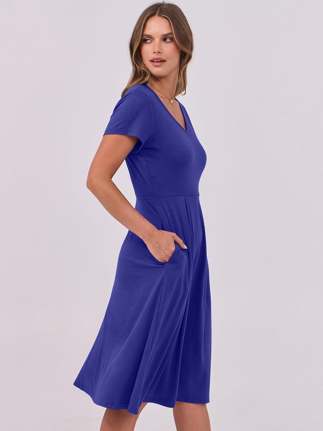 imageANRABESS Women Summer Dress Casual Short Sleeve V Neck ALine Knee Length Pleated Flowy 2025 Fashion Midi Dresses with PocketRoyal Blue