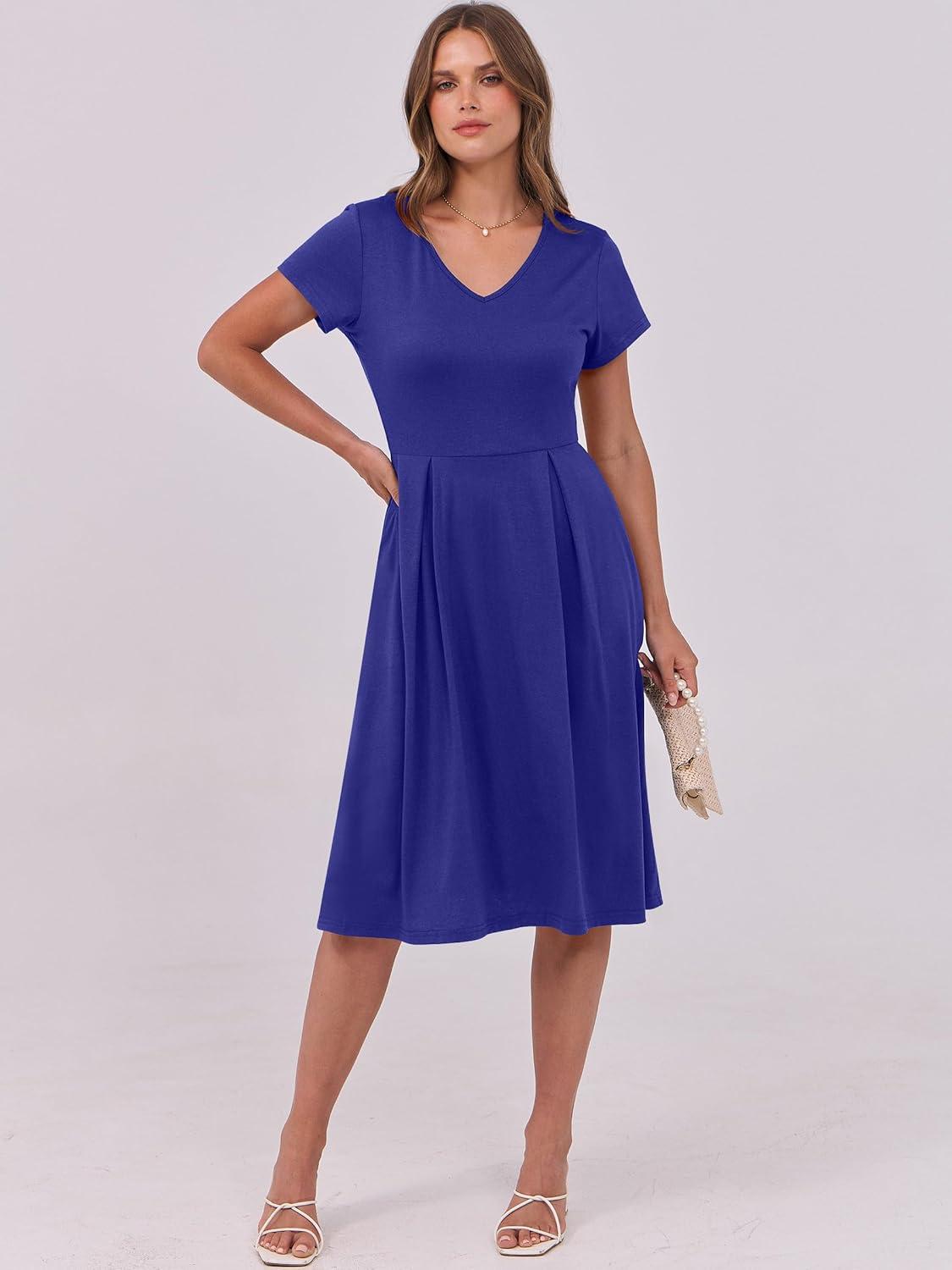 imageANRABESS Women Summer Dress Casual Short Sleeve V Neck ALine Knee Length Pleated Flowy 2025 Fashion Midi Dresses with PocketRoyal Blue