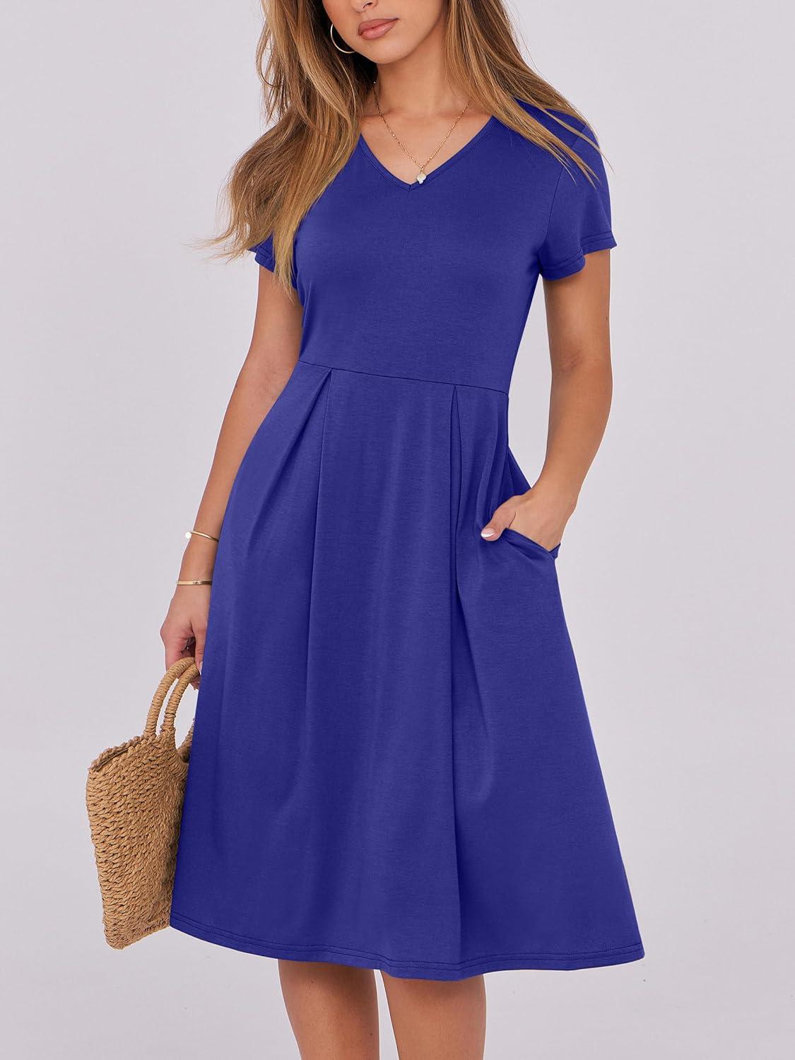 imageANRABESS Women Summer Dress Casual Short Sleeve V Neck ALine Knee Length Pleated Flowy 2025 Fashion Midi Dresses with PocketRoyal Blue