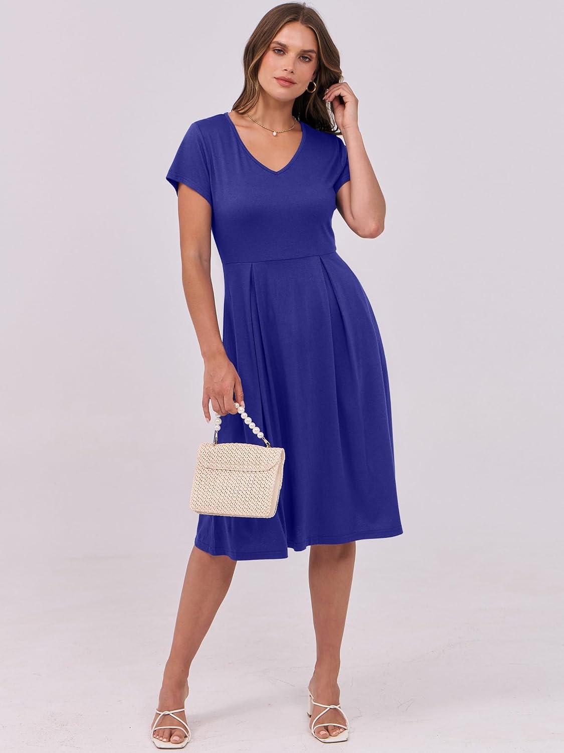 imageANRABESS Women Summer Dress Casual Short Sleeve V Neck ALine Knee Length Pleated Flowy 2025 Fashion Midi Dresses with PocketRoyal Blue