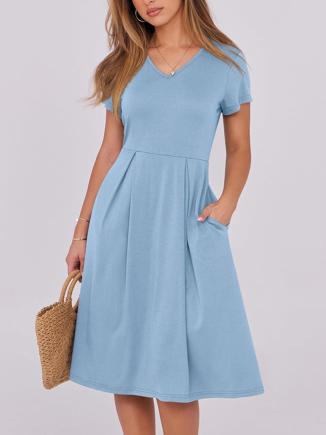 imageANRABESS Women Summer Dress Casual Short Sleeve V Neck ALine Knee Length Pleated Flowy 2025 Fashion Midi Dresses with PocketSky Blue