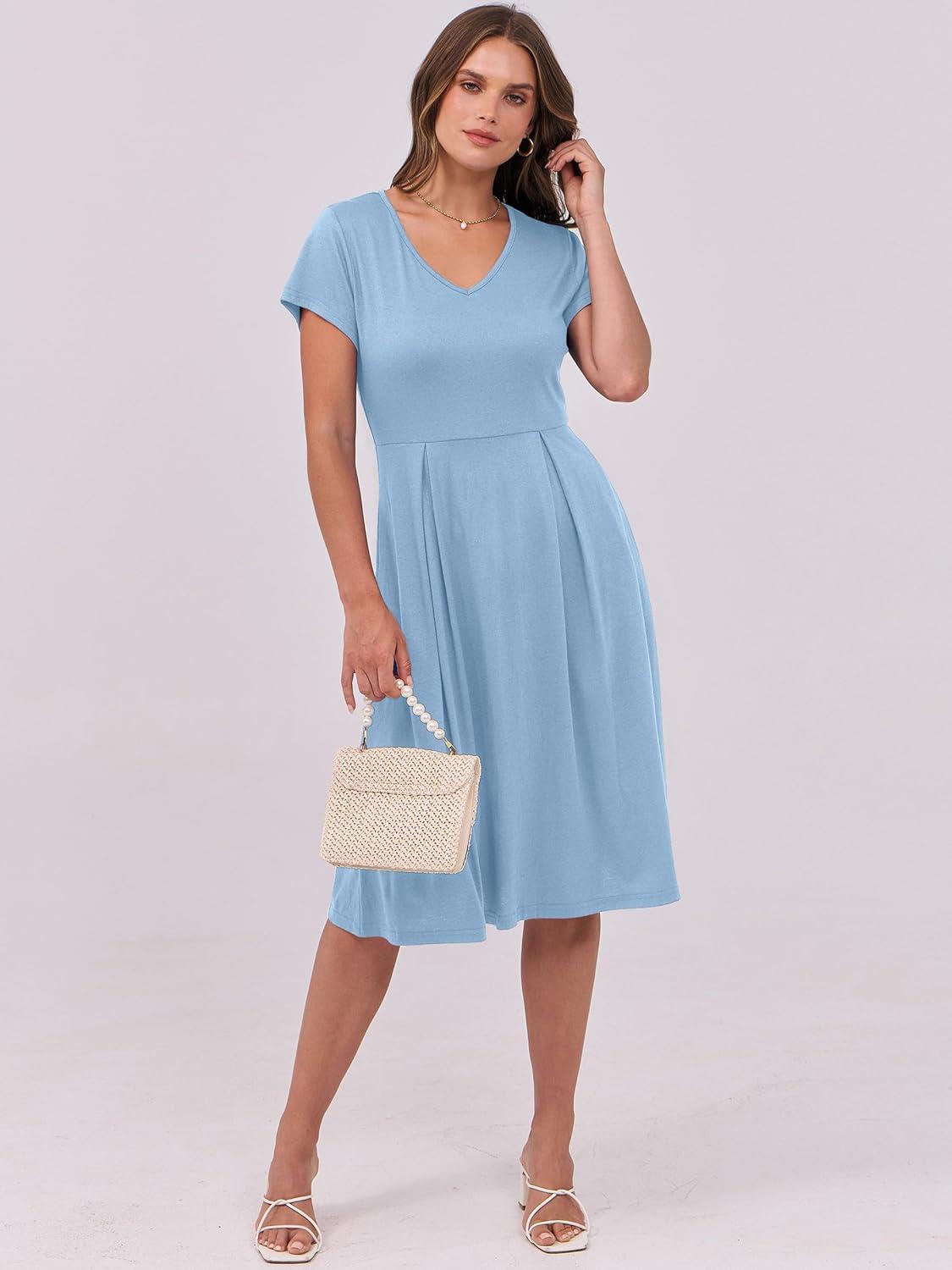 imageANRABESS Women Summer Dress Casual Short Sleeve V Neck ALine Knee Length Pleated Flowy 2025 Fashion Midi Dresses with PocketSky Blue