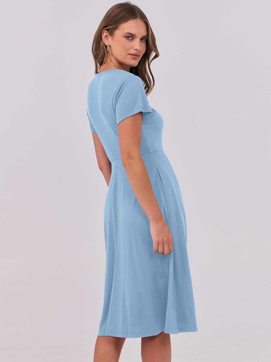 imageANRABESS Women Summer Dress Casual Short Sleeve V Neck ALine Knee Length Pleated Flowy 2025 Fashion Midi Dresses with PocketSky Blue