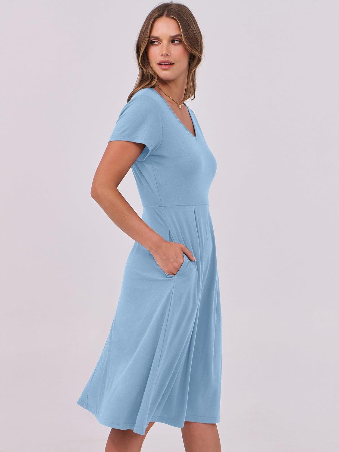 imageANRABESS Women Summer Dress Casual Short Sleeve V Neck ALine Knee Length Pleated Flowy 2025 Fashion Midi Dresses with PocketSky Blue