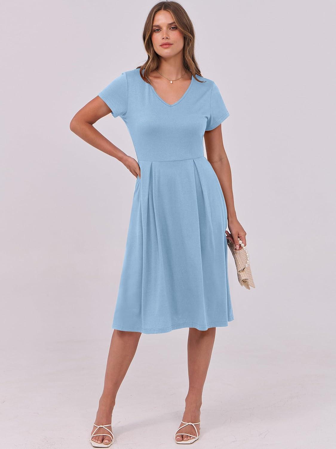 imageANRABESS Women Summer Dress Casual Short Sleeve V Neck ALine Knee Length Pleated Flowy 2025 Fashion Midi Dresses with PocketSky Blue