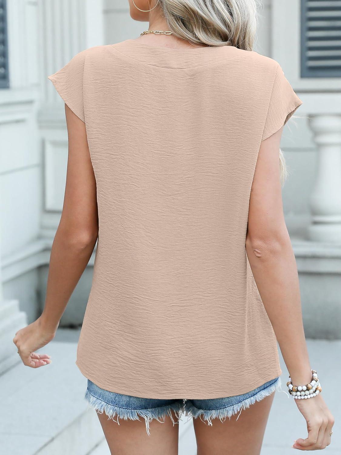 imageANRABESS Women Tops Cap Sleeve Textured Dressy Casual V Neck Shirts 2025 Summer Business Work Blouses OutfitsApricot