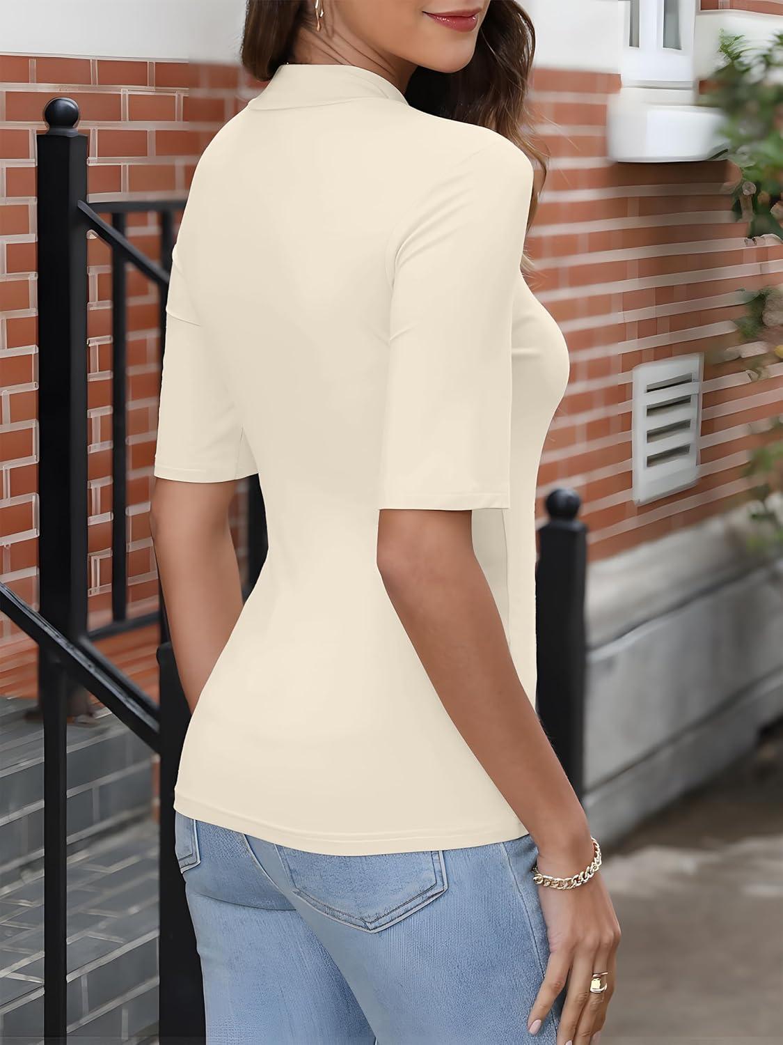 imageANRABESS Women Tops Mock Neck 12 Short Sleeve Slim Fit Basic Tee Shirts Dressy Work Business 2025 Summer Fall Casual OutfitsApricot