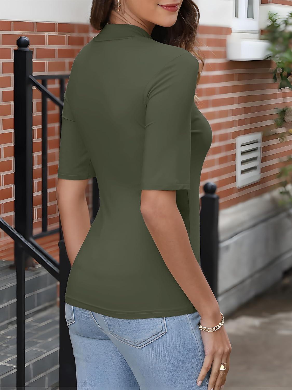 imageANRABESS Women Tops Mock Neck 12 Short Sleeve Slim Fit Basic Tee Shirts Dressy Work Business 2025 Summer Fall Casual OutfitsArmy Green