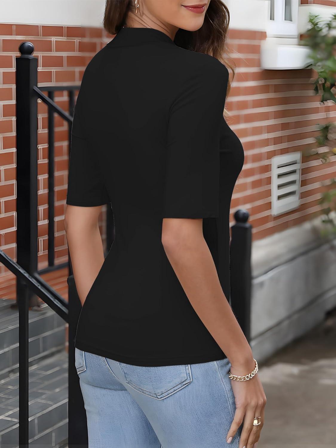 imageANRABESS Women Tops Mock Neck 12 Short Sleeve Slim Fit Basic Tee Shirts Dressy Work Business 2025 Summer Fall Casual OutfitsBlack