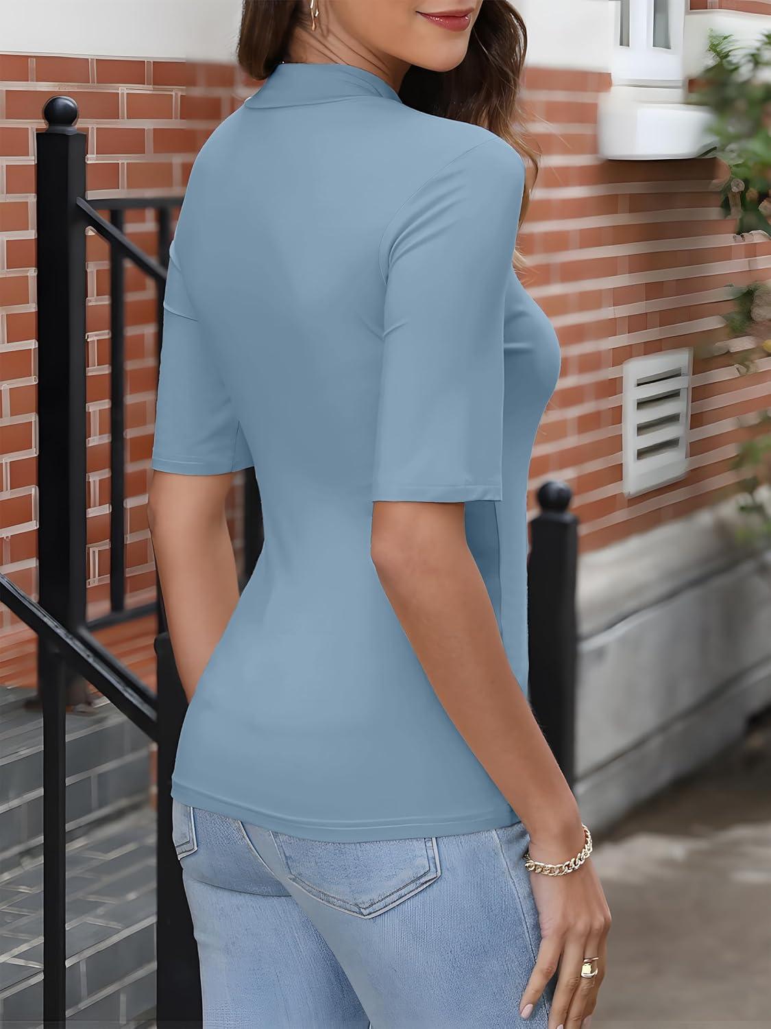 imageANRABESS Women Tops Mock Neck 12 Short Sleeve Slim Fit Basic Tee Shirts Dressy Work Business 2025 Summer Fall Casual OutfitsBlue