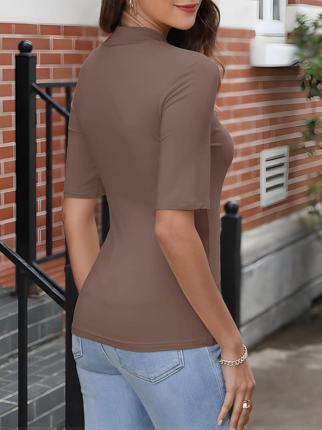 imageANRABESS Women Tops Mock Neck 12 Short Sleeve Slim Fit Basic Tee Shirts Dressy Work Business 2025 Summer Fall Casual OutfitsBrown