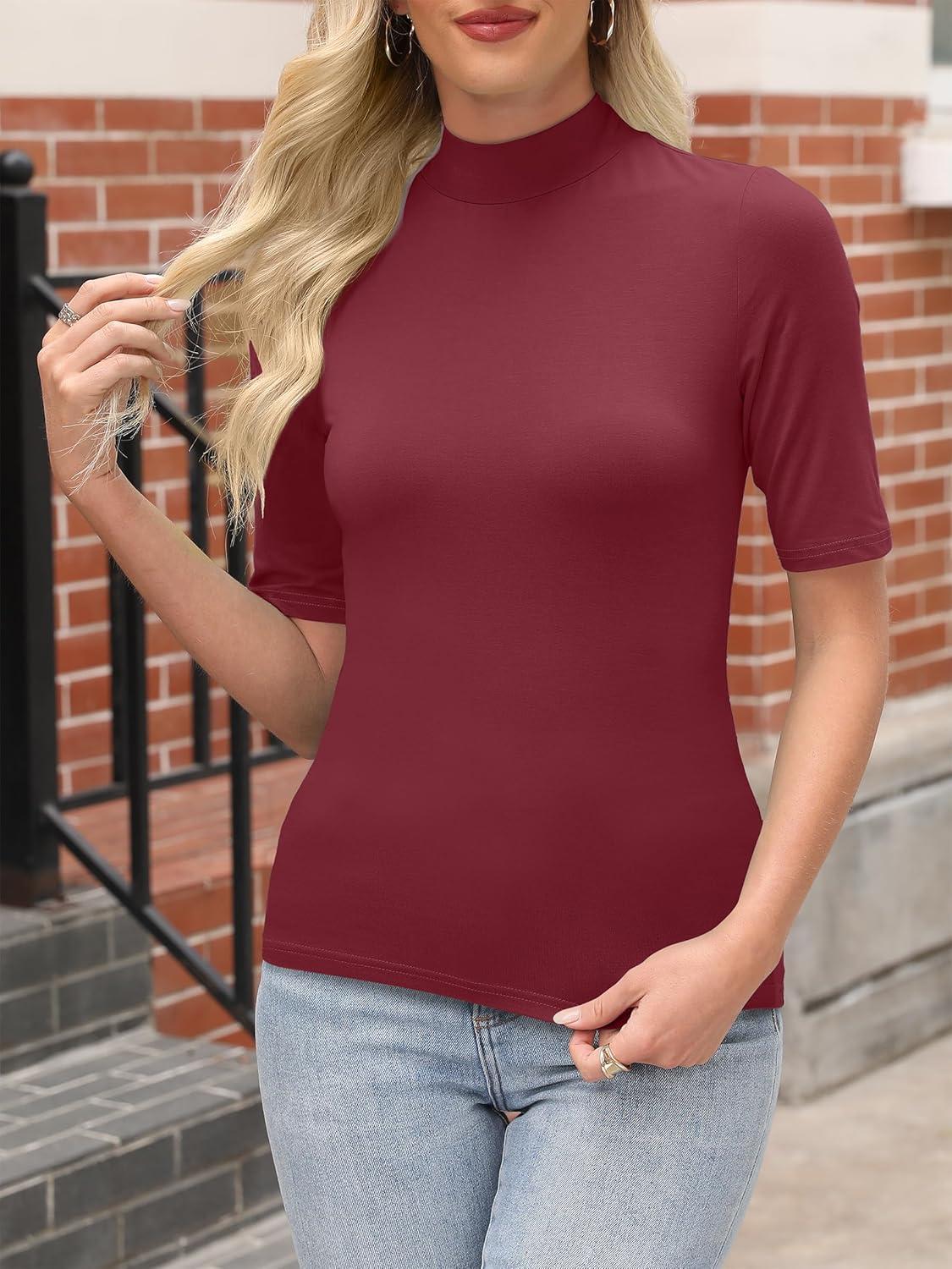imageANRABESS Women Tops Mock Neck 12 Short Sleeve Slim Fit Basic Tee Shirts Dressy Work Business 2025 Summer Fall Casual OutfitsBurgundy