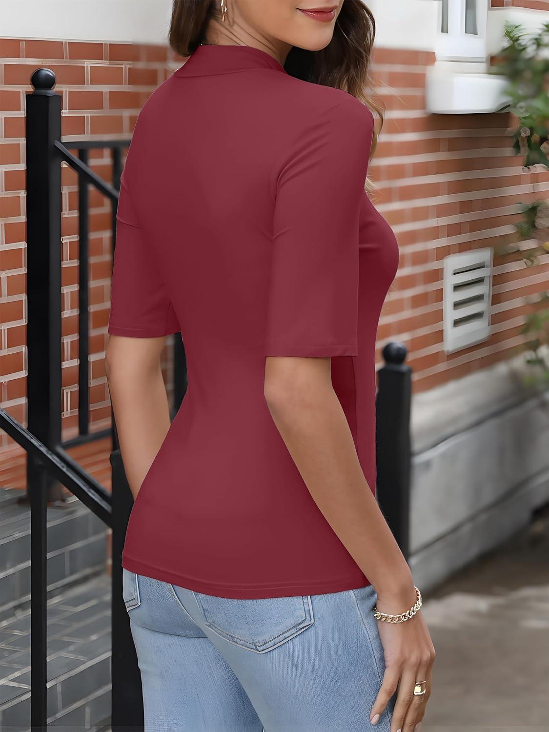 imageANRABESS Women Tops Mock Neck 12 Short Sleeve Slim Fit Basic Tee Shirts Dressy Work Business 2025 Summer Fall Casual OutfitsBurgundy