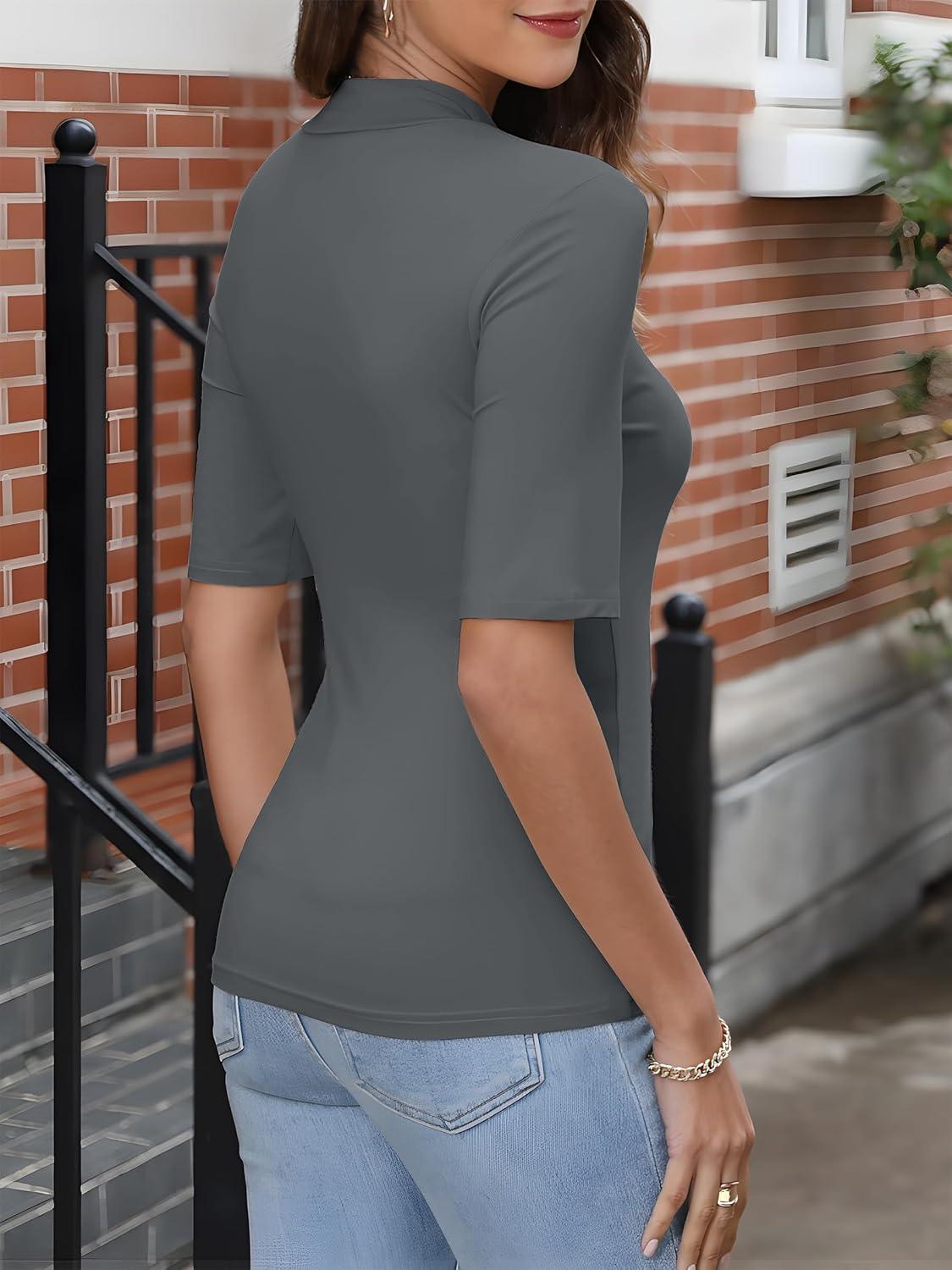 imageANRABESS Women Tops Mock Neck 12 Short Sleeve Slim Fit Basic Tee Shirts Dressy Work Business 2025 Summer Fall Casual OutfitsDark Gray