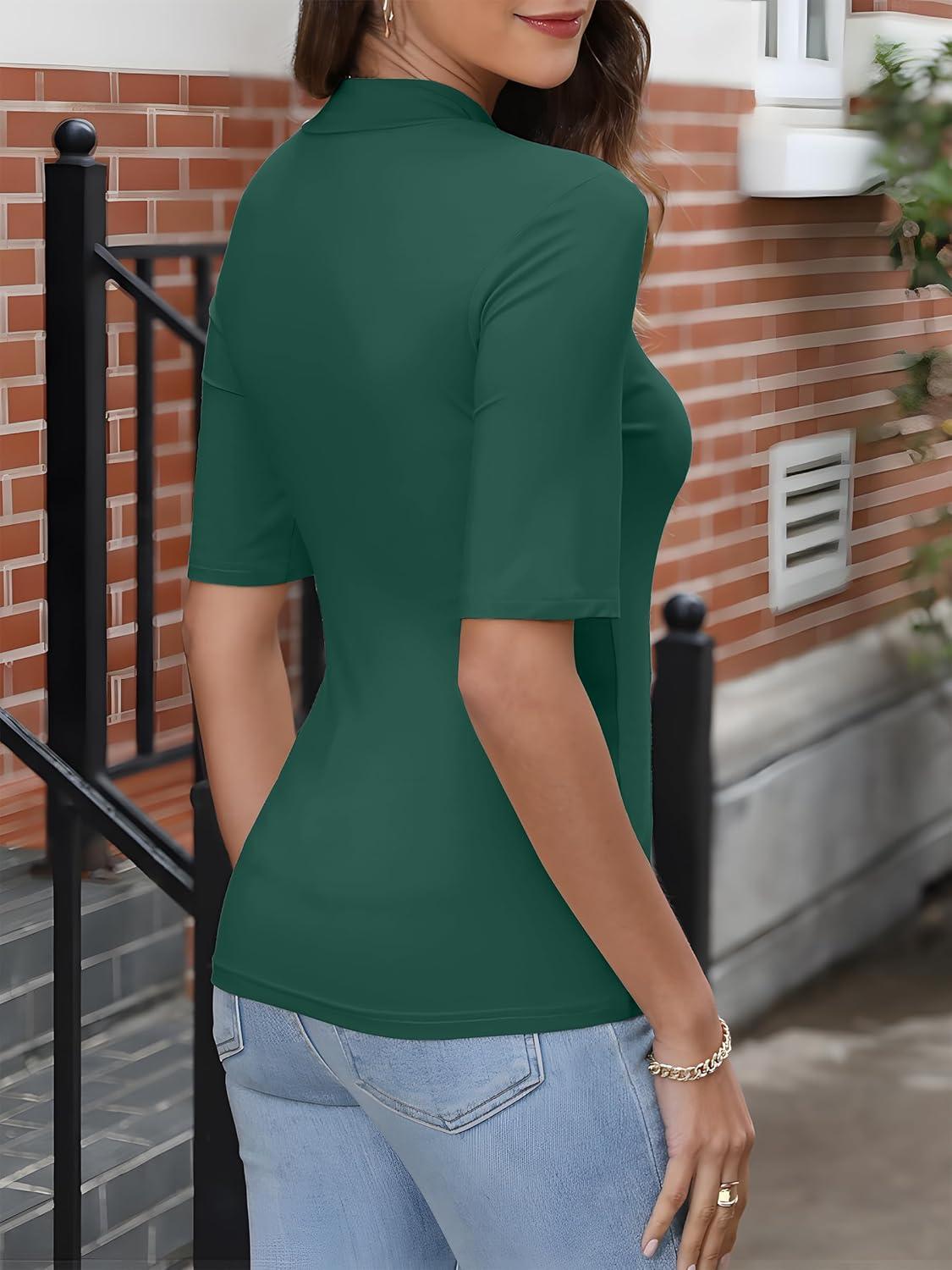 imageANRABESS Women Tops Mock Neck 12 Short Sleeve Slim Fit Basic Tee Shirts Dressy Work Business 2025 Summer Fall Casual OutfitsGreen