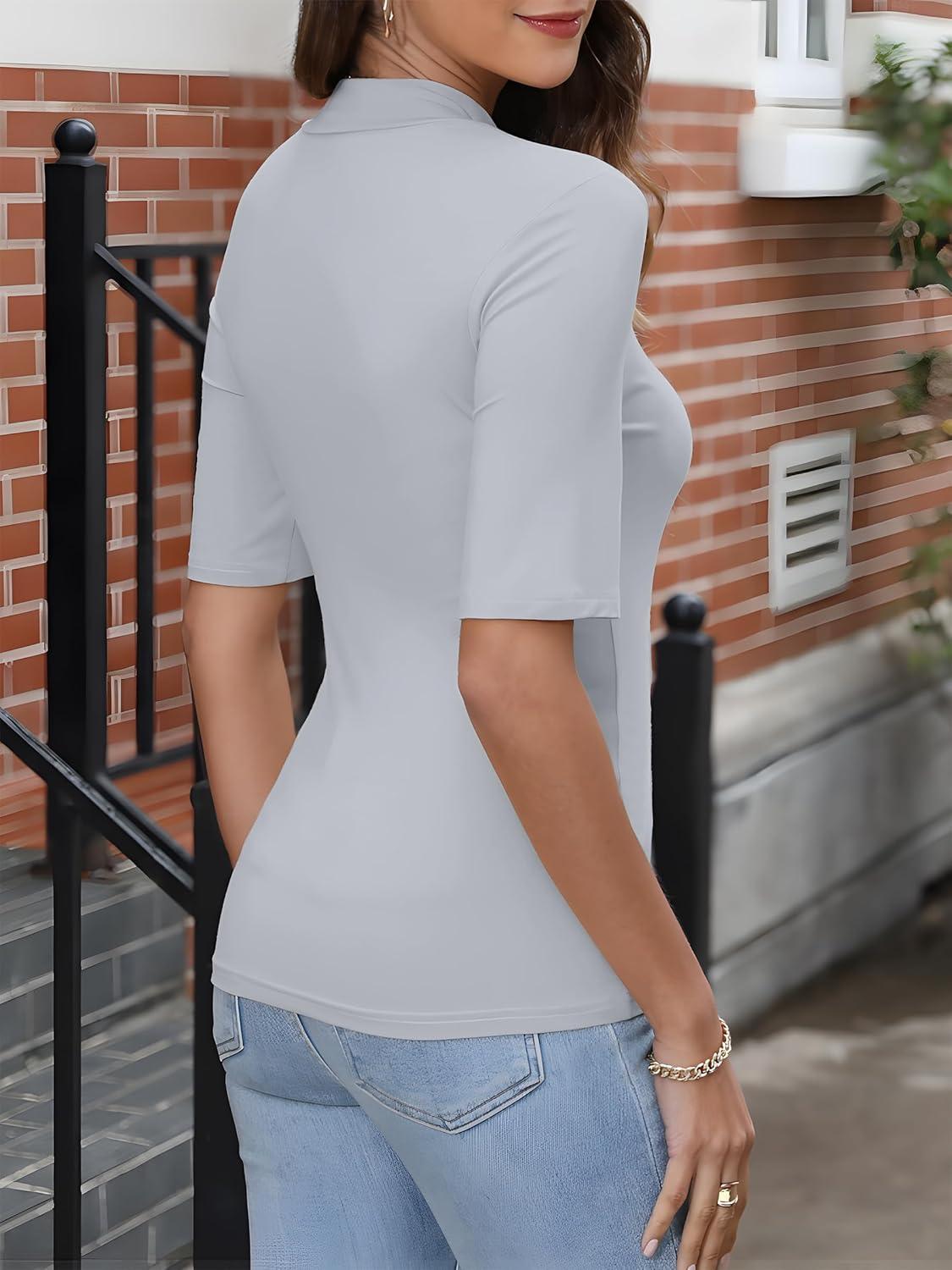 imageANRABESS Women Tops Mock Neck 12 Short Sleeve Slim Fit Basic Tee Shirts Dressy Work Business 2025 Summer Fall Casual OutfitsGrey