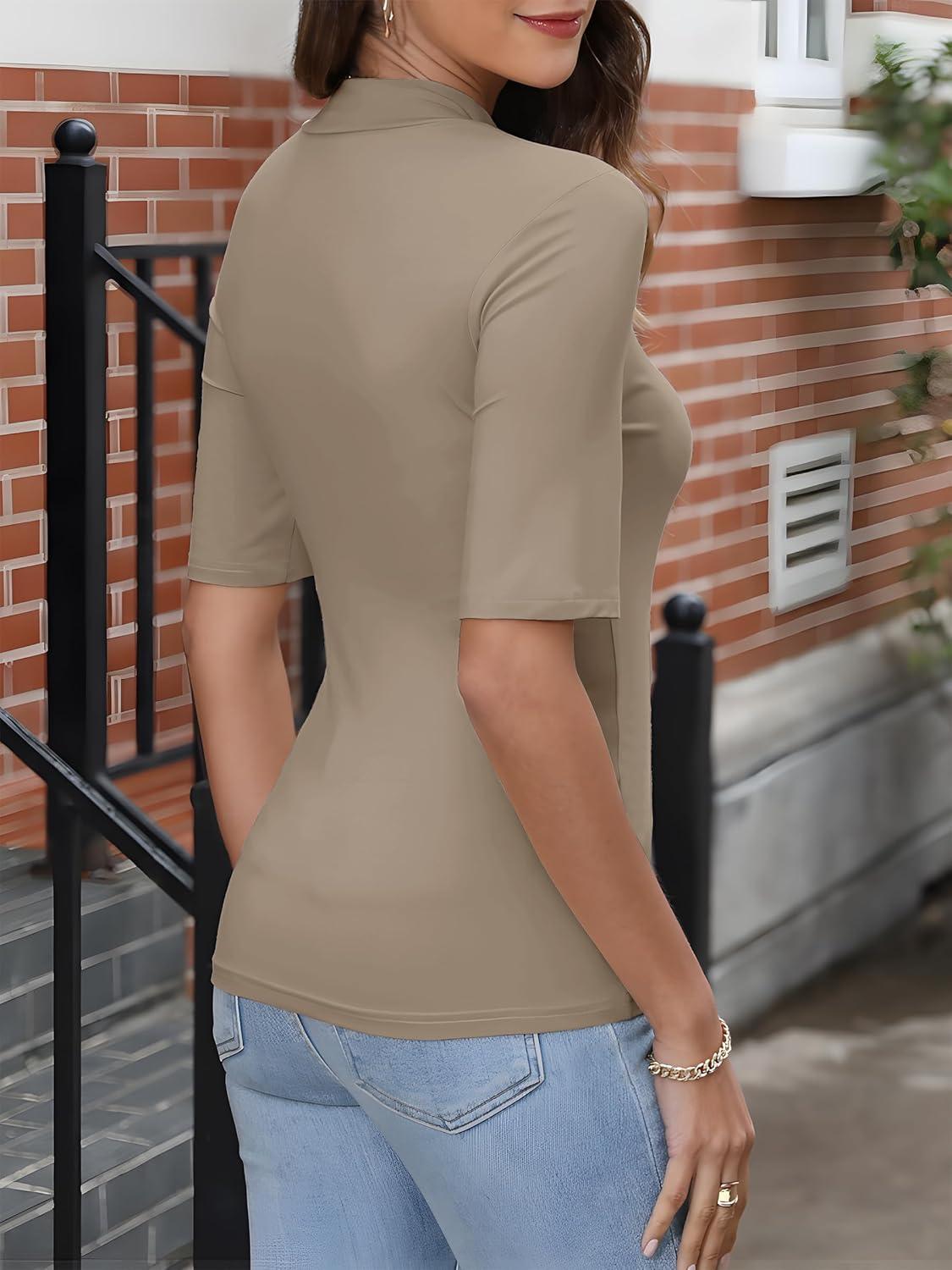 imageANRABESS Women Tops Mock Neck 12 Short Sleeve Slim Fit Basic Tee Shirts Dressy Work Business 2025 Summer Fall Casual OutfitsKhaki