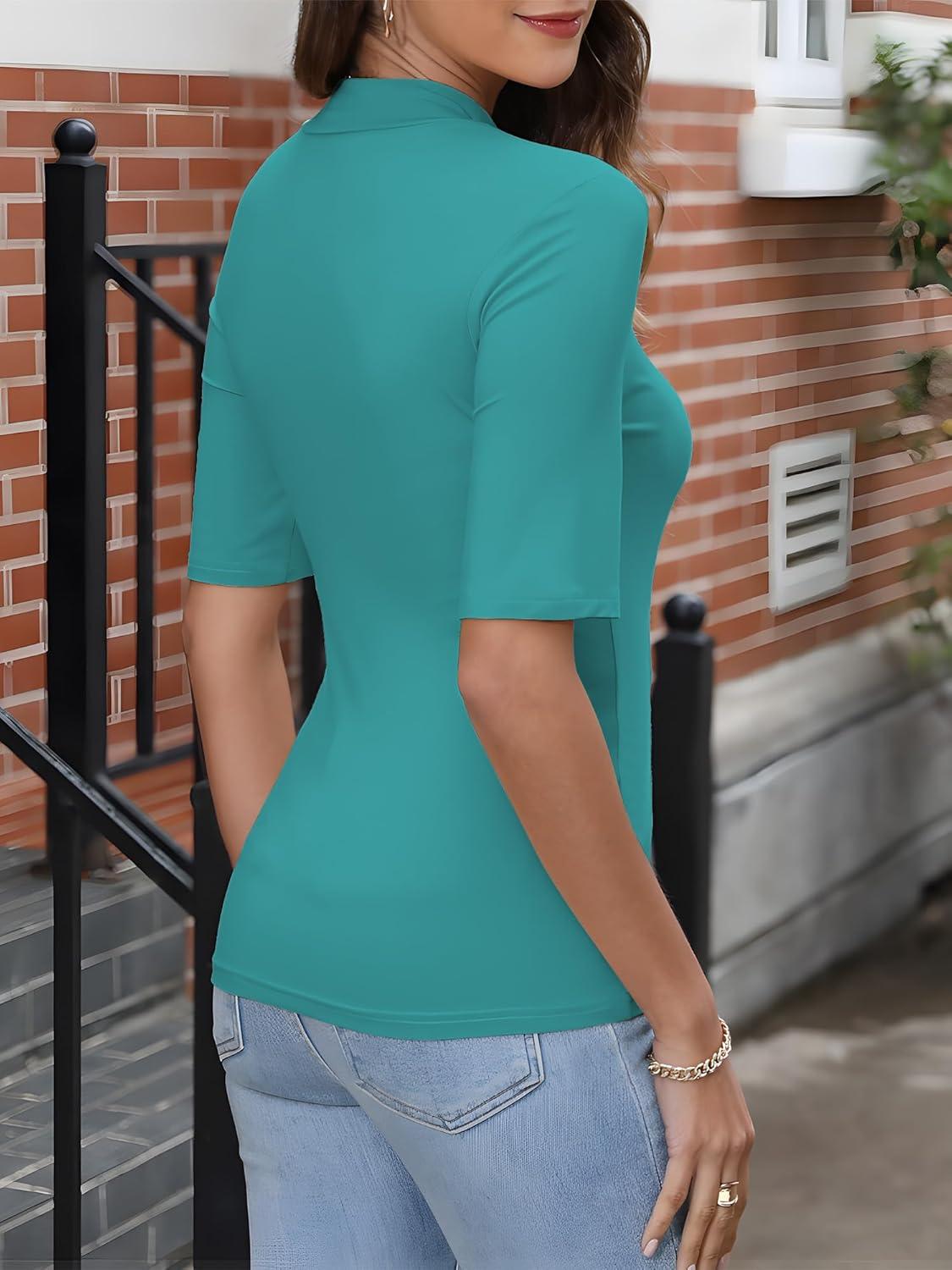 imageANRABESS Women Tops Mock Neck 12 Short Sleeve Slim Fit Basic Tee Shirts Dressy Work Business 2025 Summer Fall Casual OutfitsLake Green